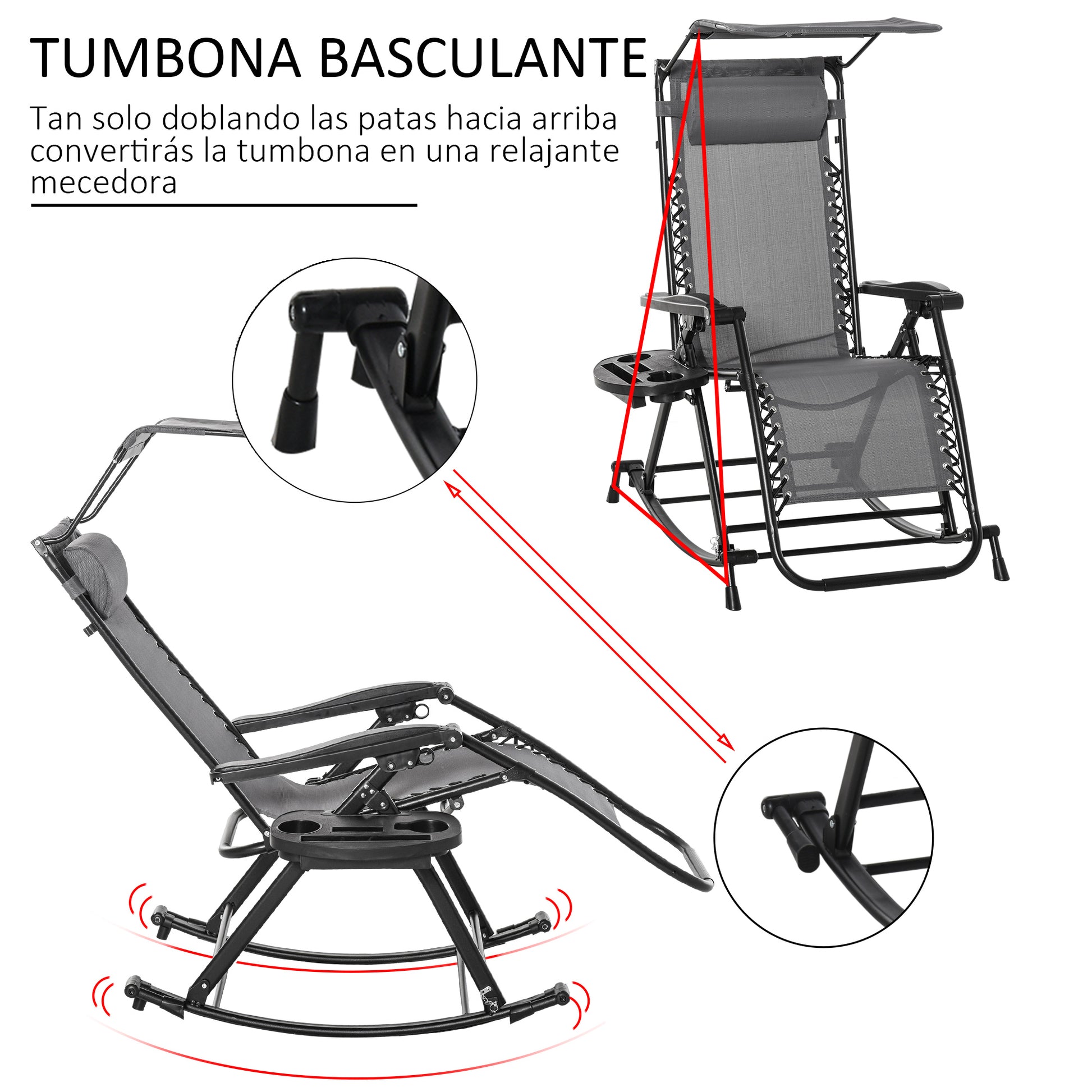 Outsunny Silla Mecedora de Jardín Plegable Tumbona Reclinable con Techo Protección Solar Reposacabezas Extraíble y Reposapiés Estructura de Acero 120x67x102 cm Gris