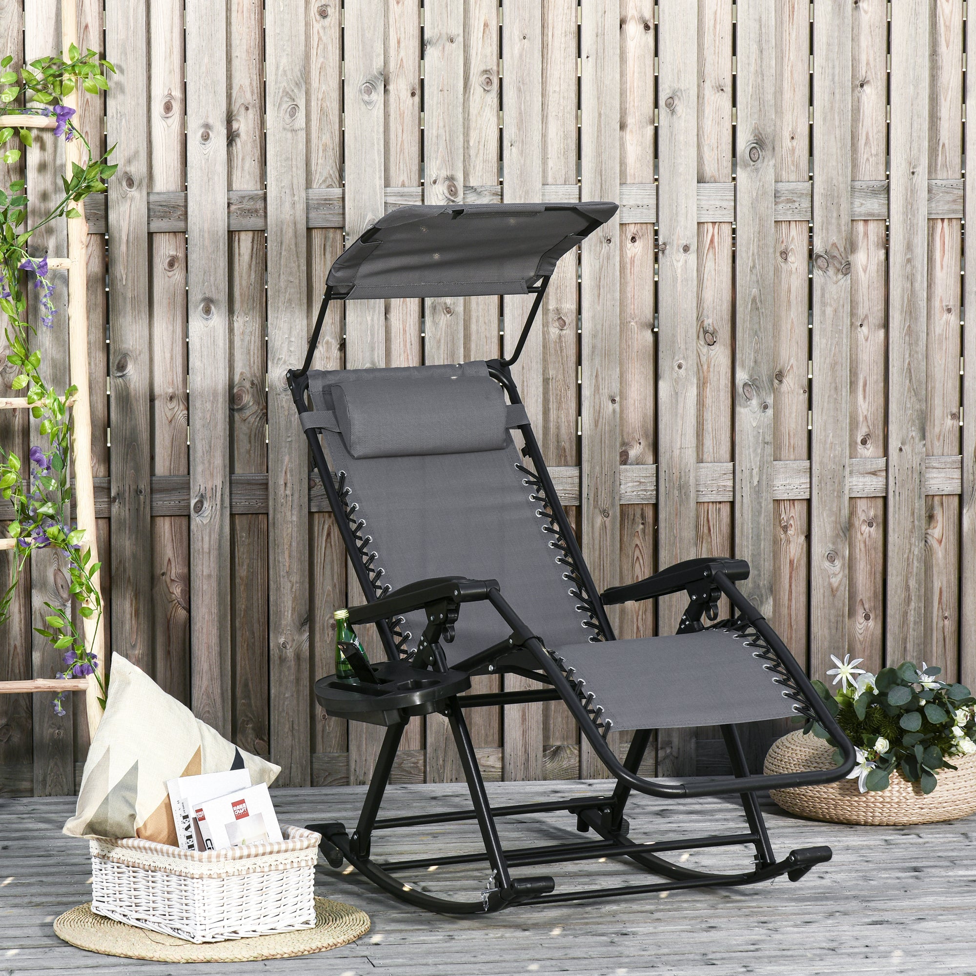 Outsunny Silla Mecedora de Jardín Plegable Tumbona Reclinable con Techo Protección Solar Reposacabezas Extraíble y Reposapiés Estructura de Acero 120x67x102 cm Gris