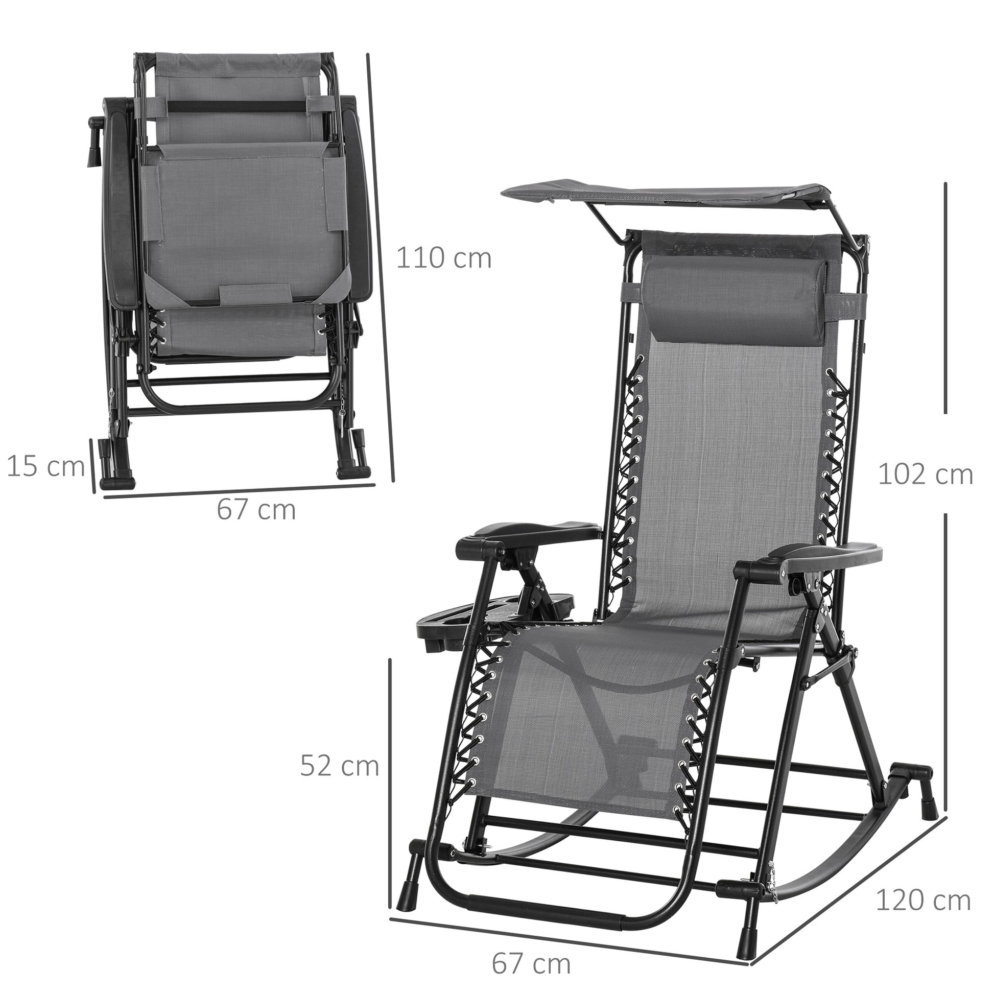 Outsunny Silla Mecedora de Jardín Plegable Tumbona Reclinable con Techo Protección Solar Reposacabezas Extraíble y Reposapiés Estructura de Acero 120x67x102 cm Gris