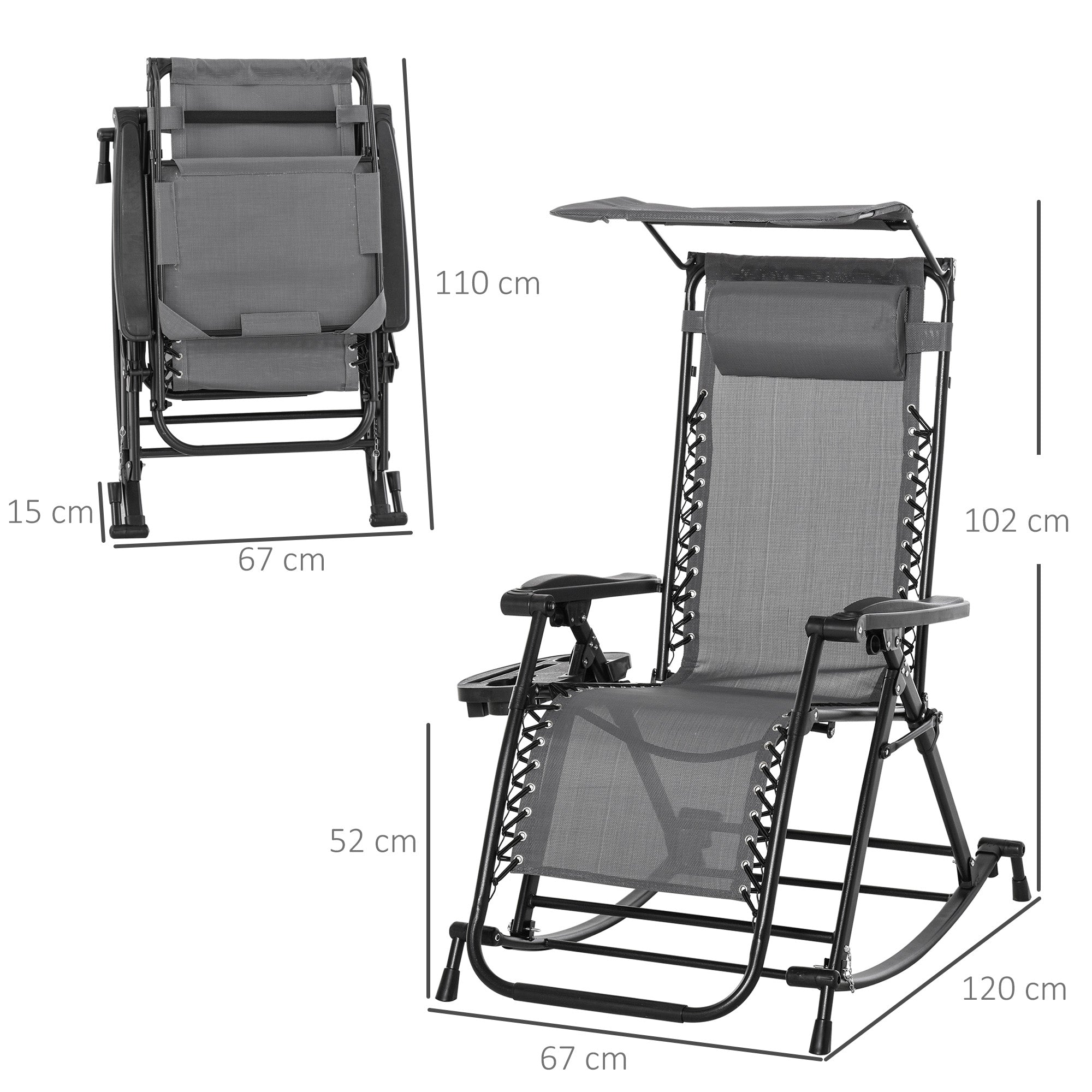 Outsunny Silla Mecedora de Jardín Plegable Tumbona Reclinable con Techo Protección Solar Reposacabezas Extraíble y Reposapiés Estructura de Acero 120x67x102 cm Gris