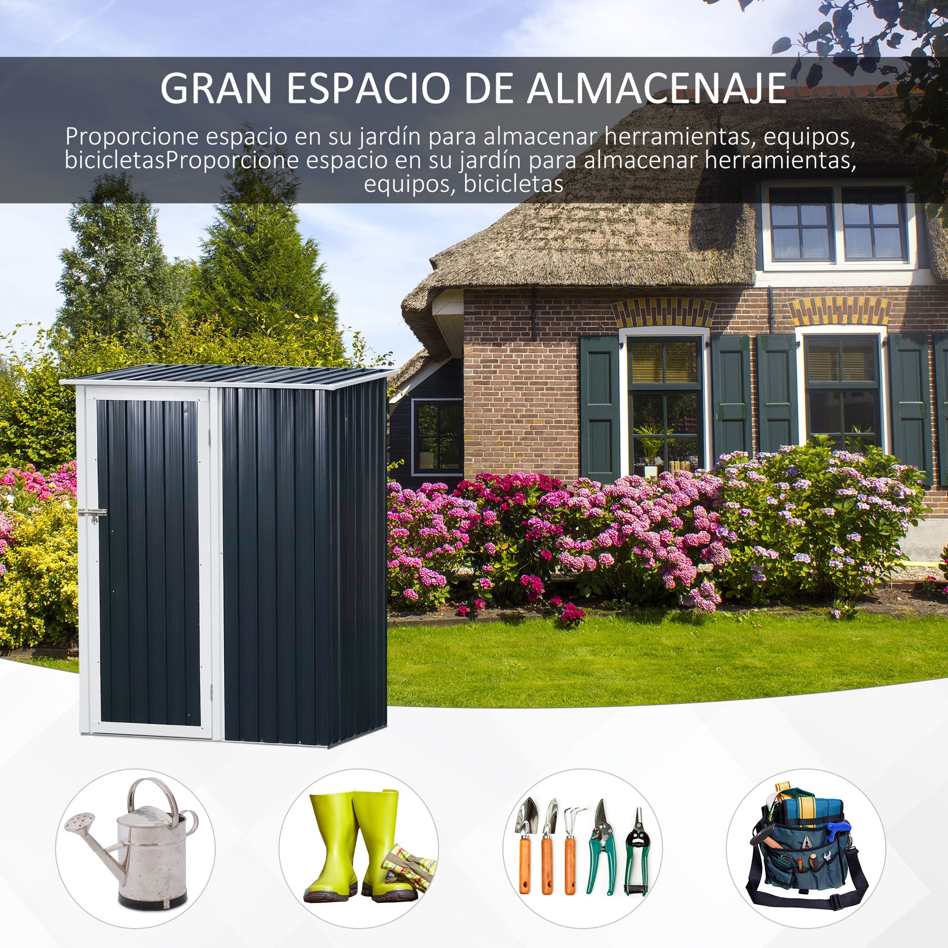 Outsunny Caseta de Jardín 1,27 m² 143x89x186 cm Cobertizo Exterior Metálico con Puerta Cerradura y Orificios de Drenaje para Almacenamiento de Herramientas Gris