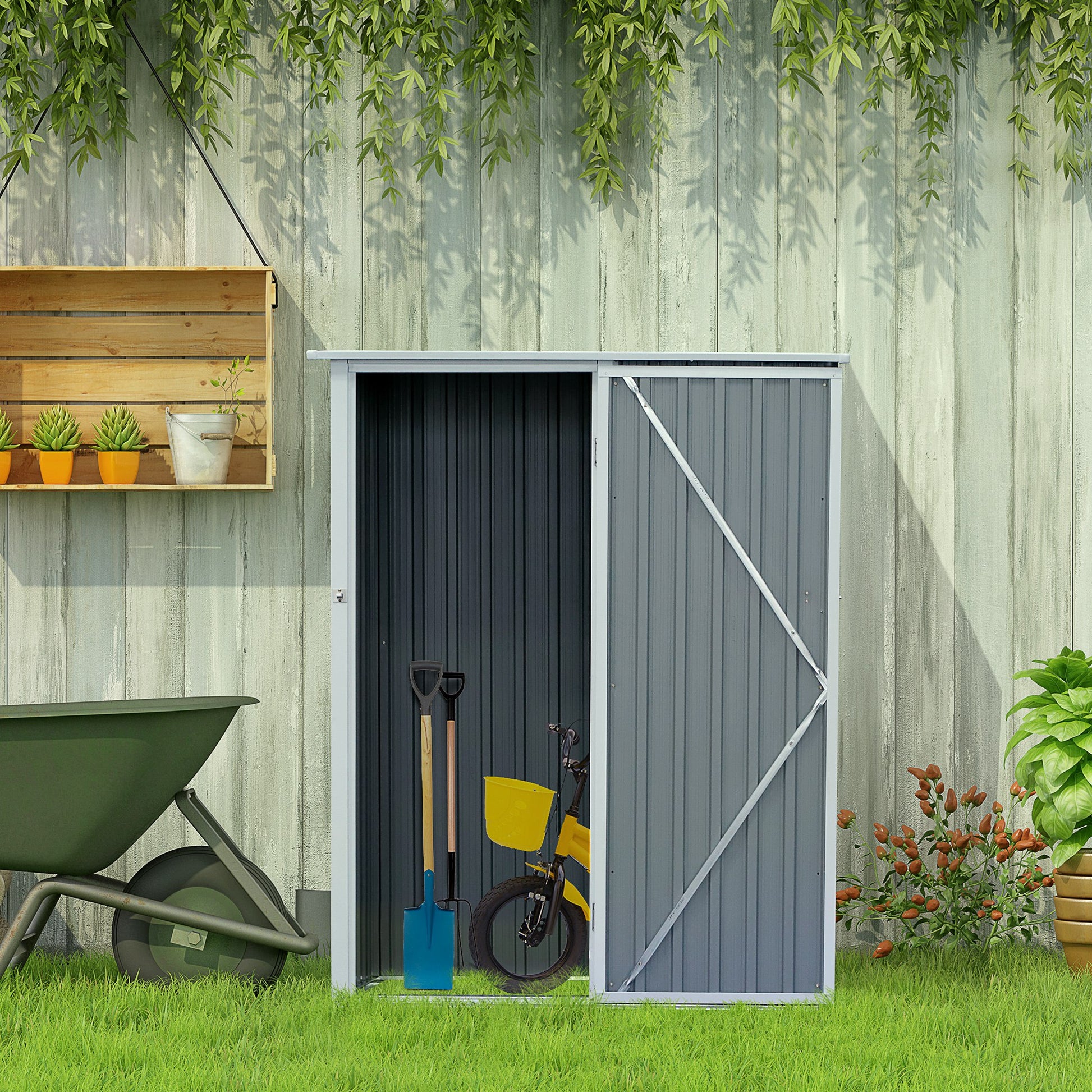 Outsunny Caseta de Jardín 1,27 m² 143x89x186 cm Cobertizo Exterior Metálico con Puerta Cerradura y Orificios de Drenaje para Almacenamiento de Herramientas Gris