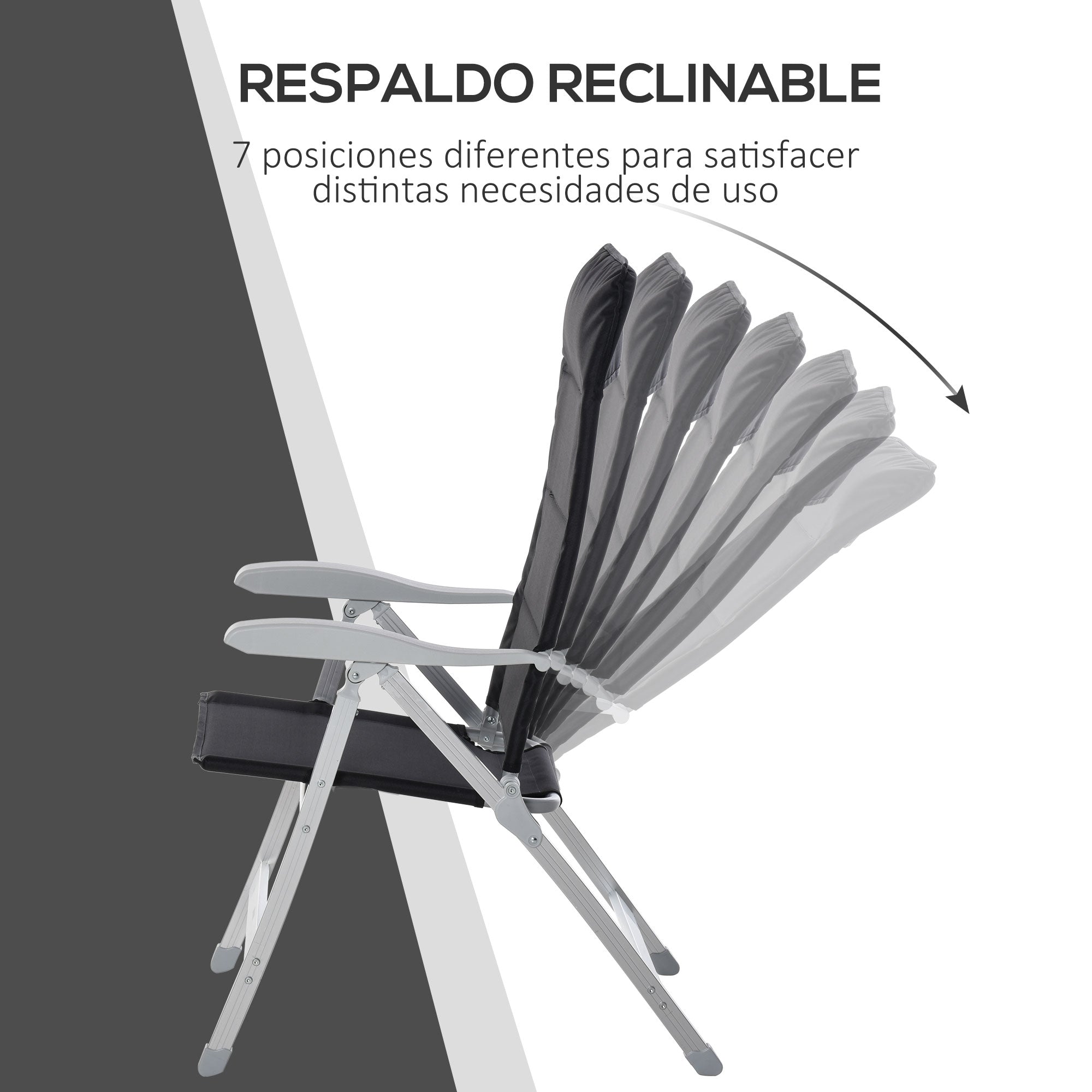 Outsunny Silla de Jardín Plegable Portátil de Aluminio con Respaldo Alto Ajustable en 7 Posiciones y Reposacabezas Acolchado para Exterior Terraza Camping 75x61,5x114,5 cm Negro