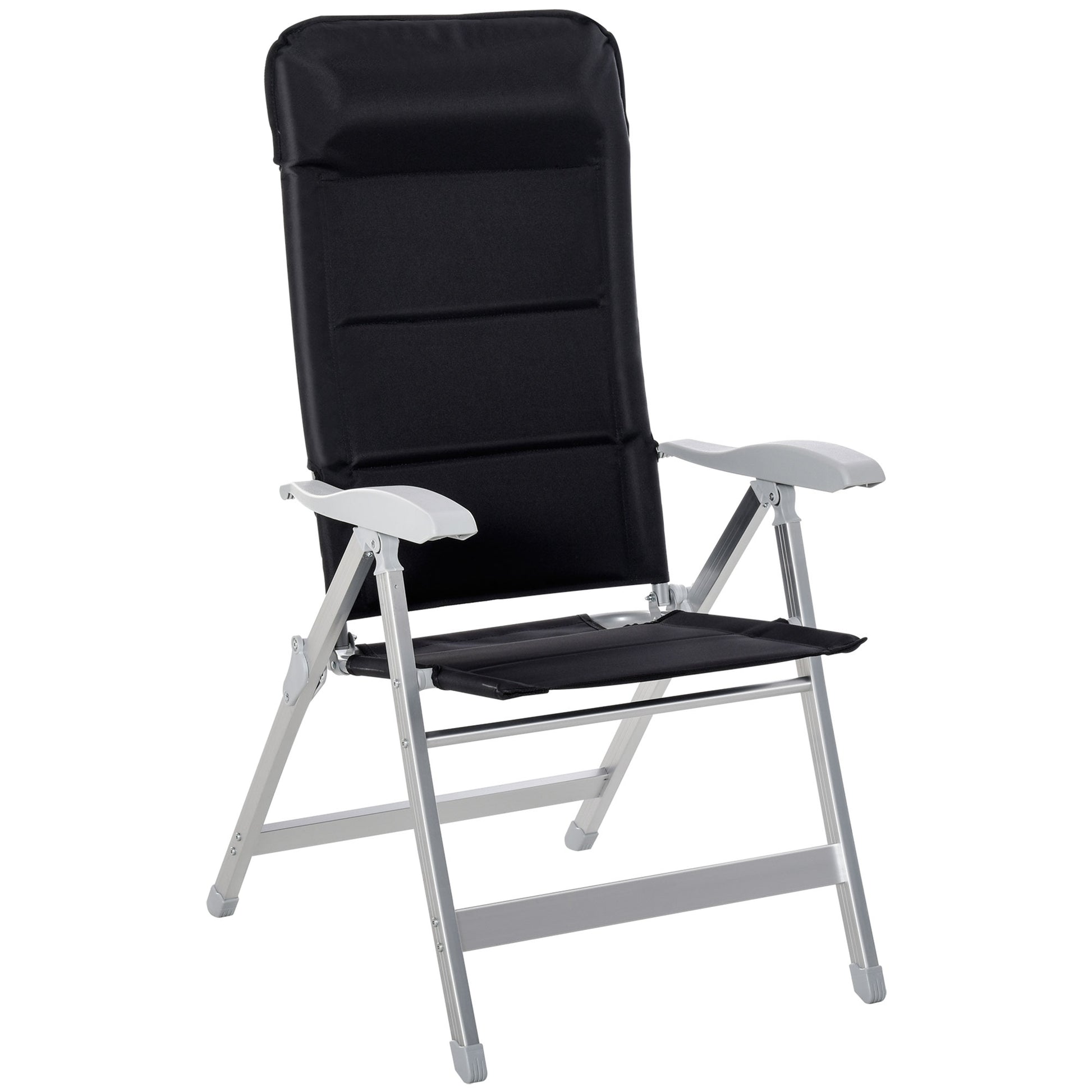 Outsunny Silla de Jardín Plegable Portátil de Aluminio con Respaldo Alto Ajustable en 7 Posiciones y Reposacabezas Acolchado para Exterior Terraza Camping 75x61,5x114,5 cm Negro