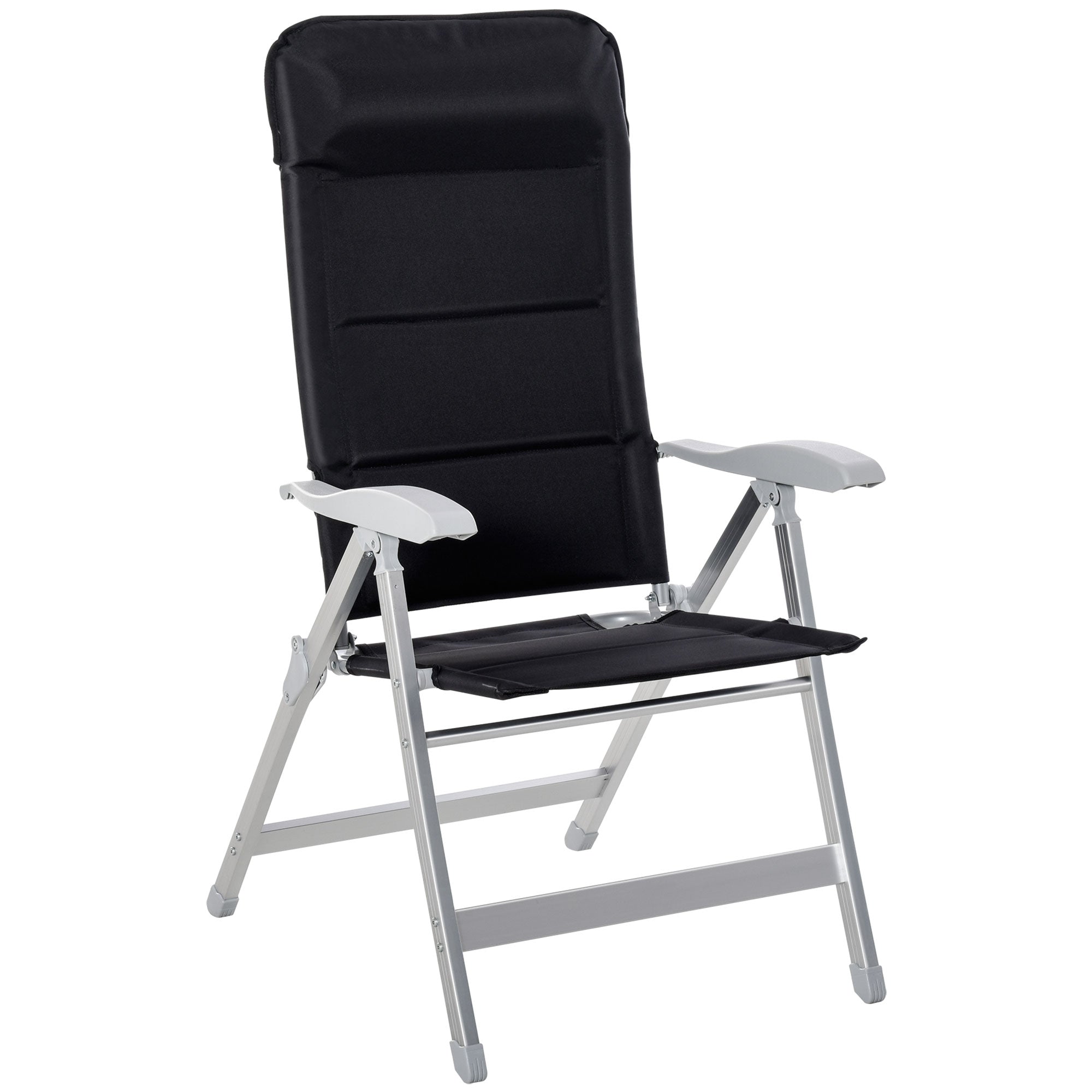 Outsunny Silla de Jardín Plegable Portátil de Aluminio con Respaldo Alto Ajustable en 7 Posiciones y Reposacabezas Acolchado para Exterior Terraza Camping 75x61,5x114,5 cm Negro