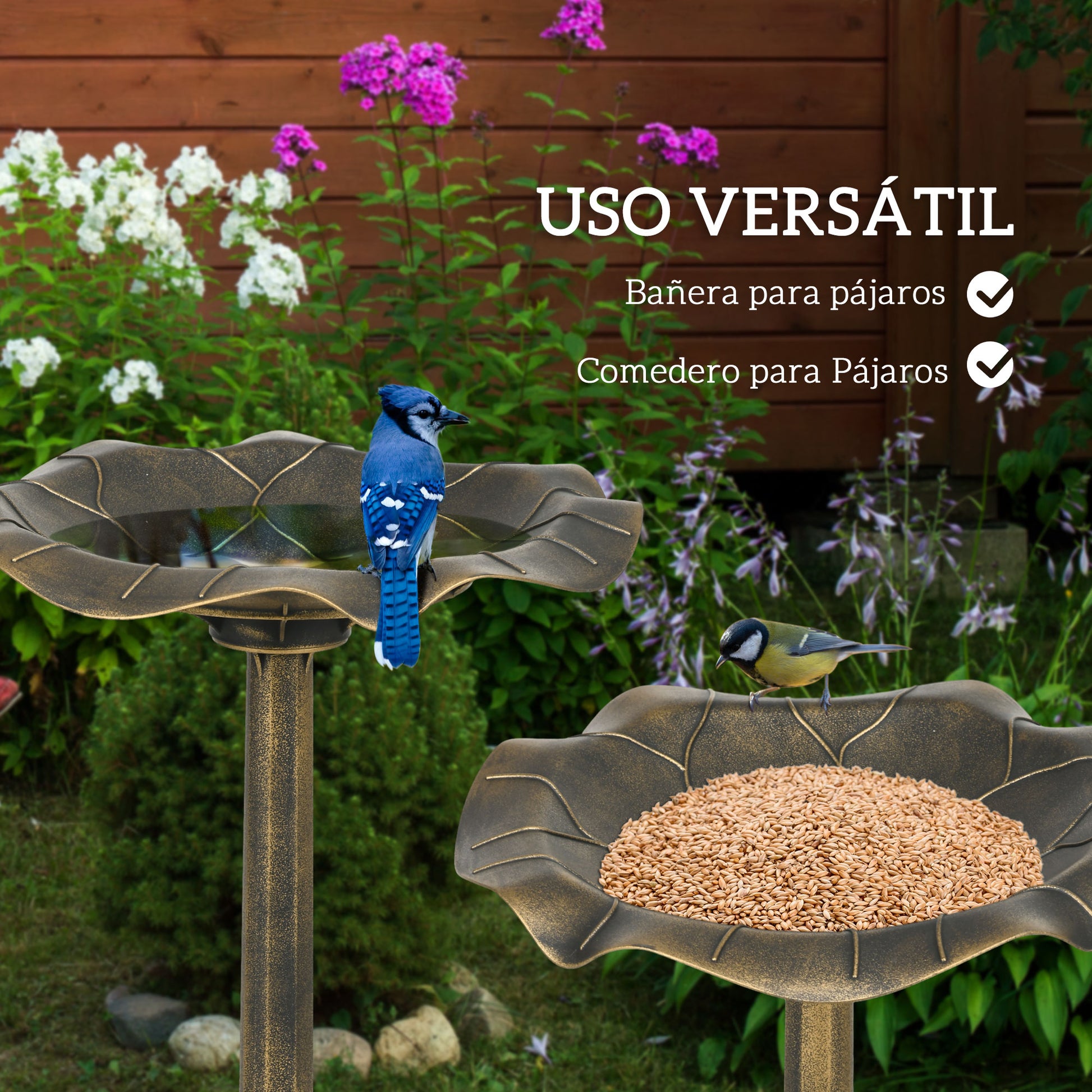 Outsunny Baño para Pájaros de Jardín al Aire Libre, Altura 71 cm, Comedero para Pájaros con Lavabo Diseño Hoja de Loto y Acabado Envejecido, Ligero y Resistente, Bebedero para Aves, Bronce