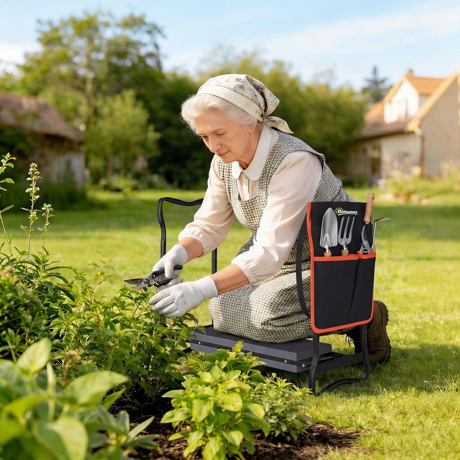 Outsunny Taburete de Jardín Plegable con Almohadilla de Espuma EVA, Asiento de Jardín Portátil con Bolsa para Herramientas en Cintura, Carga 150 kg, Regalo para Jardineros, Ancianos, Negro