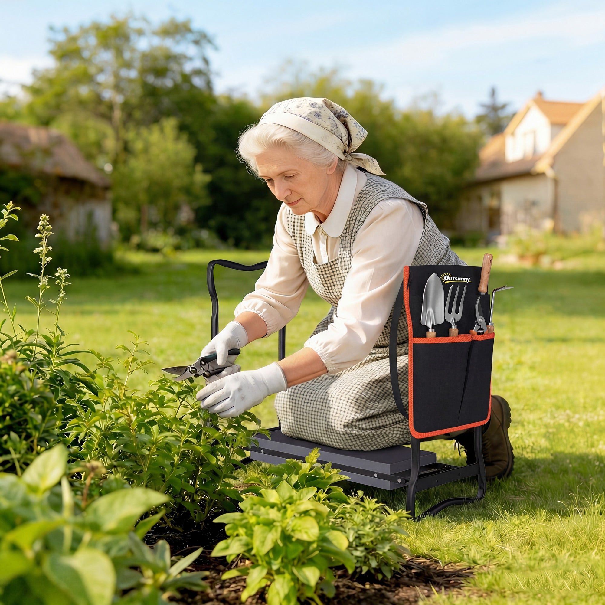Outsunny Taburete de Jardín Plegable con Almohadilla de Espuma EVA, Asiento de Jardín Portátil con Bolsa para Herramientas en Cintura, Carga 150 kg, Regalo para Jardineros, Ancianos, Negro