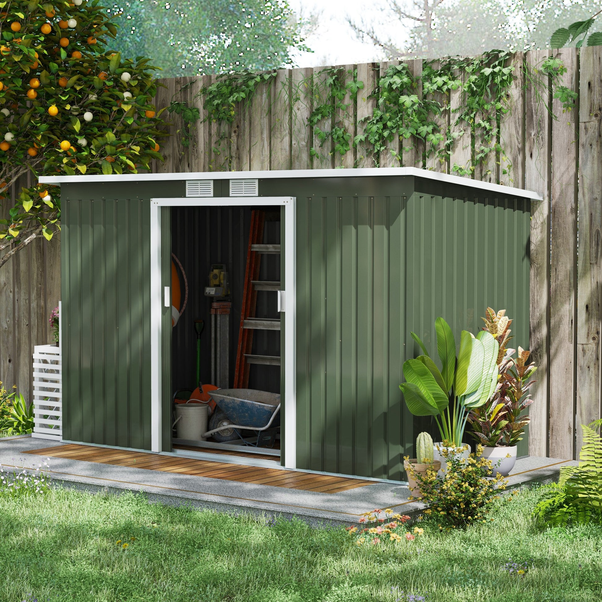Outsunny Caseta de Jardín Exterior 3,2 m² 280x130x172 cm Cobertizo de Jardín Exterior con Puerta Corredera Techo Inclinado Base Refuerzo (Suelo NO Incluido) y 2 Ventanas Verde