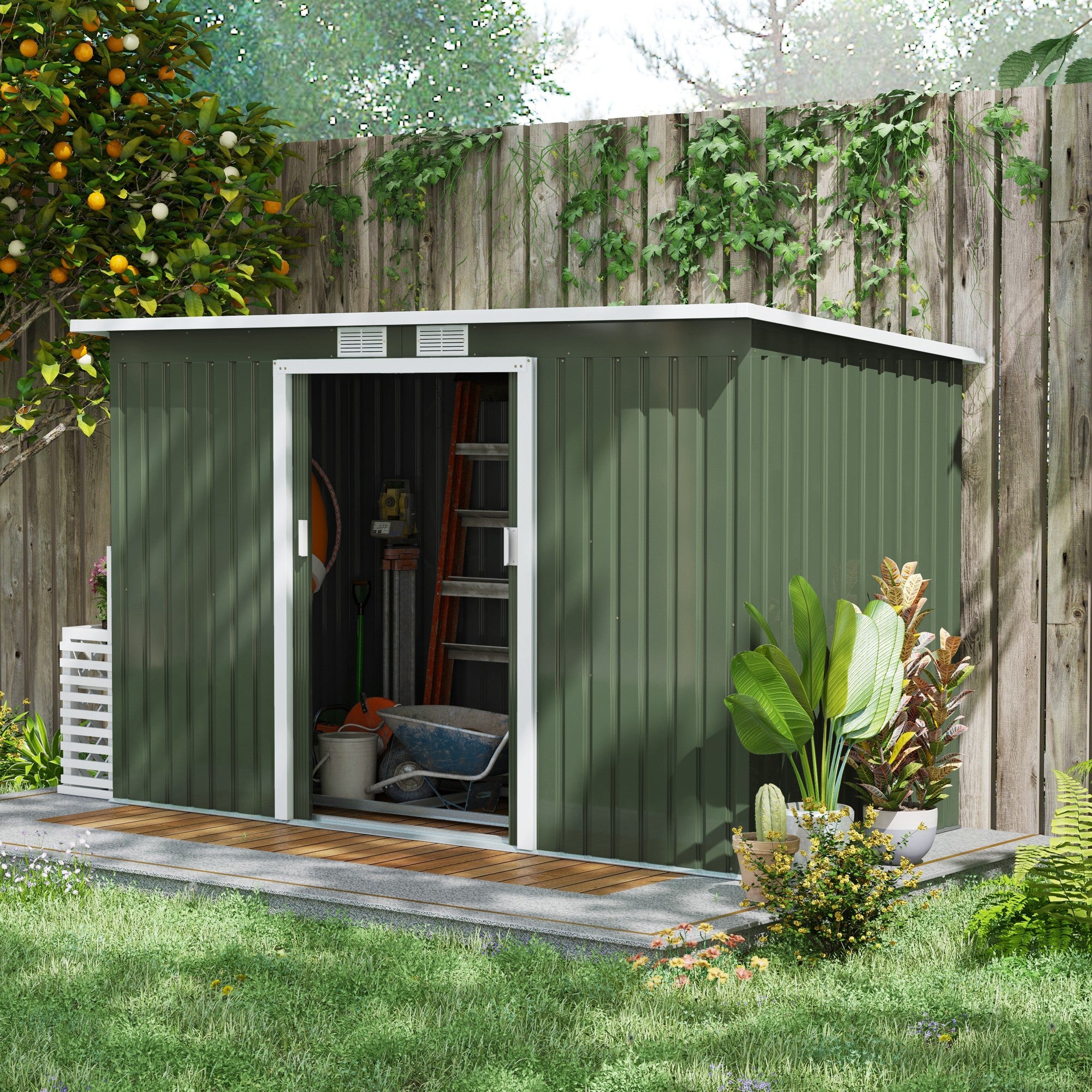 Outsunny Caseta de Jardín Exterior 3,2 m² 280x130x172 cm Cobertizo de Jardín Exterior con Puerta Corredera Techo Inclinado Base Refuerzo (Suelo NO Incluido) y 2 Ventanas Verde