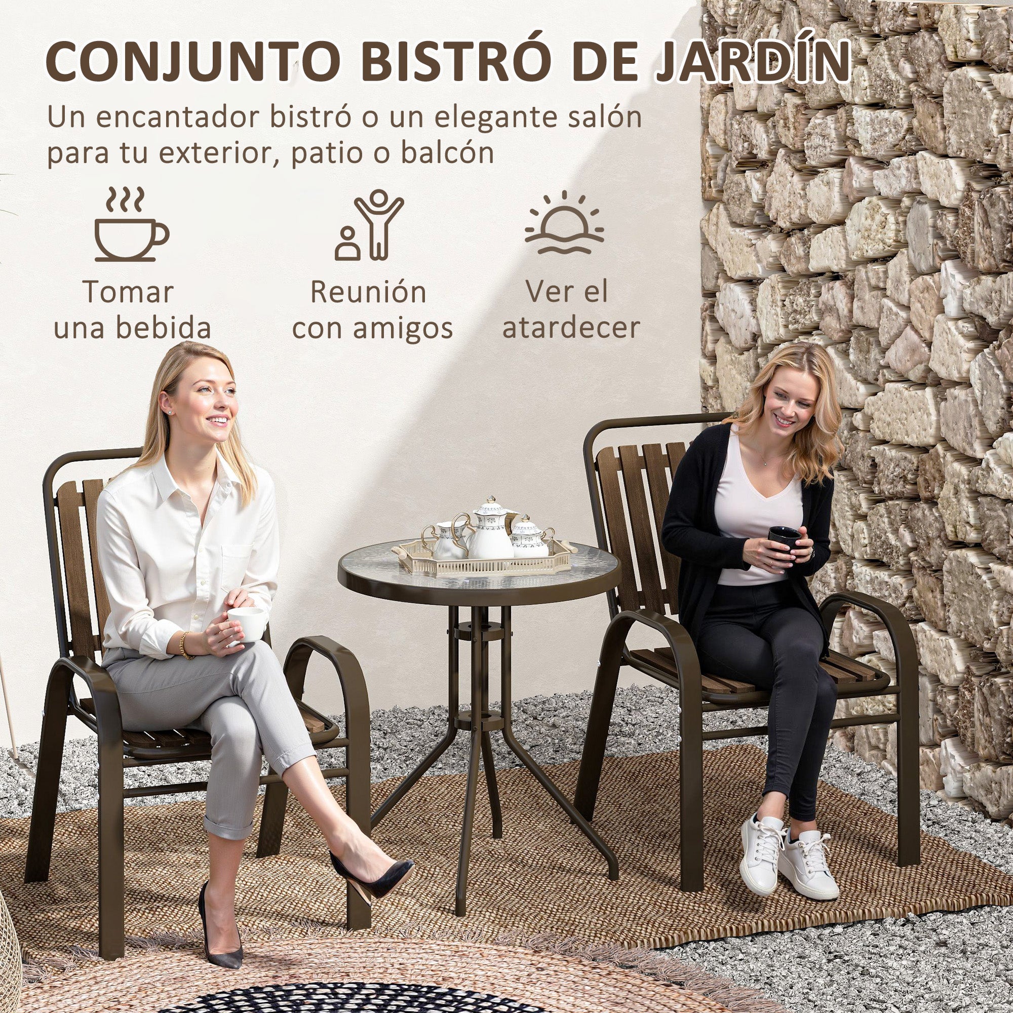 Outsunny Conjunto Jardín Exterior de 3 Piezas Juego de Muebles de Jardín con 2 Sillas Apilables Mesa con Encimera de Vidrio Templado y Estructura de Acero para Terraza Patio Balcón Marrón Oscuro
