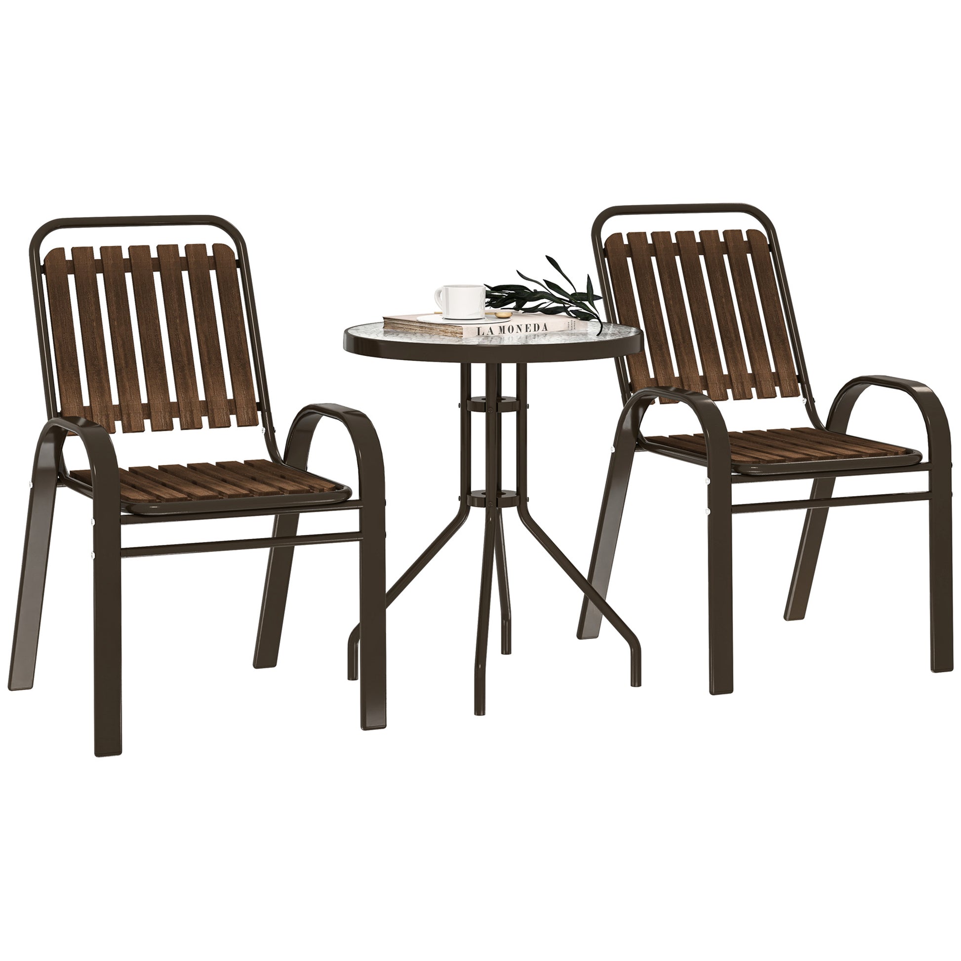 Outsunny Conjunto Jardín Exterior de 3 Piezas Juego de Muebles de Jardín con 2 Sillas Apilables Mesa con Encimera de Vidrio Templado y Estructura de Acero para Terraza Patio Balcón Marrón Oscuro