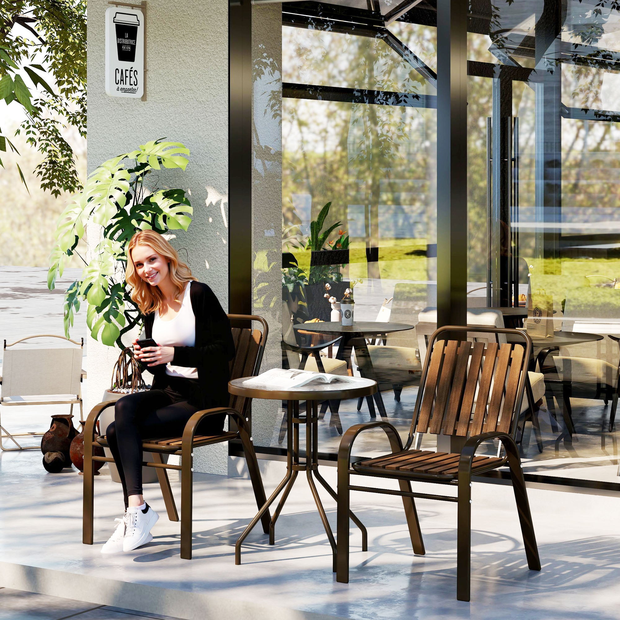 Outsunny Conjunto Jardín Exterior de 3 Piezas Juego de Muebles de Jardín con 2 Sillas Apilables Mesa con Encimera de Vidrio Templado y Estructura de Acero para Terraza Patio Balcón Marrón Oscuro