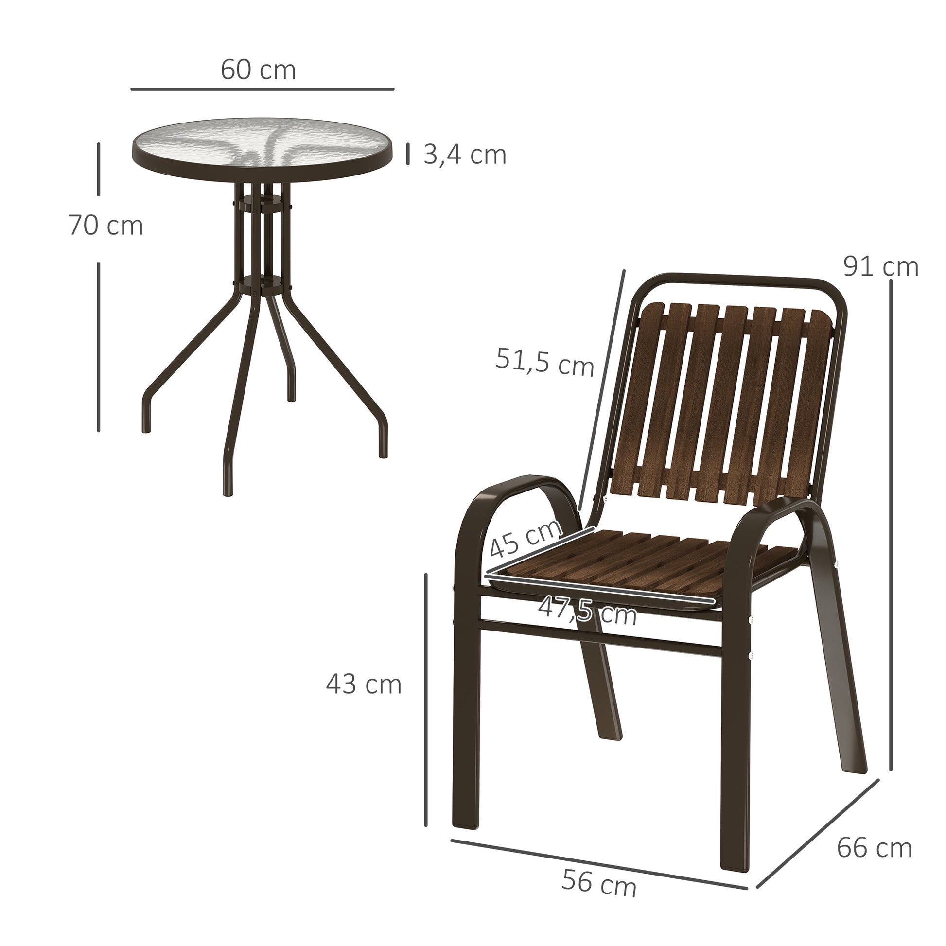 Outsunny Conjunto Jardín Exterior de 3 Piezas Juego de Muebles de Jardín con 2 Sillas Apilables Mesa con Encimera de Vidrio Templado y Estructura de Acero para Terraza Patio Balcón Marrón Oscuro