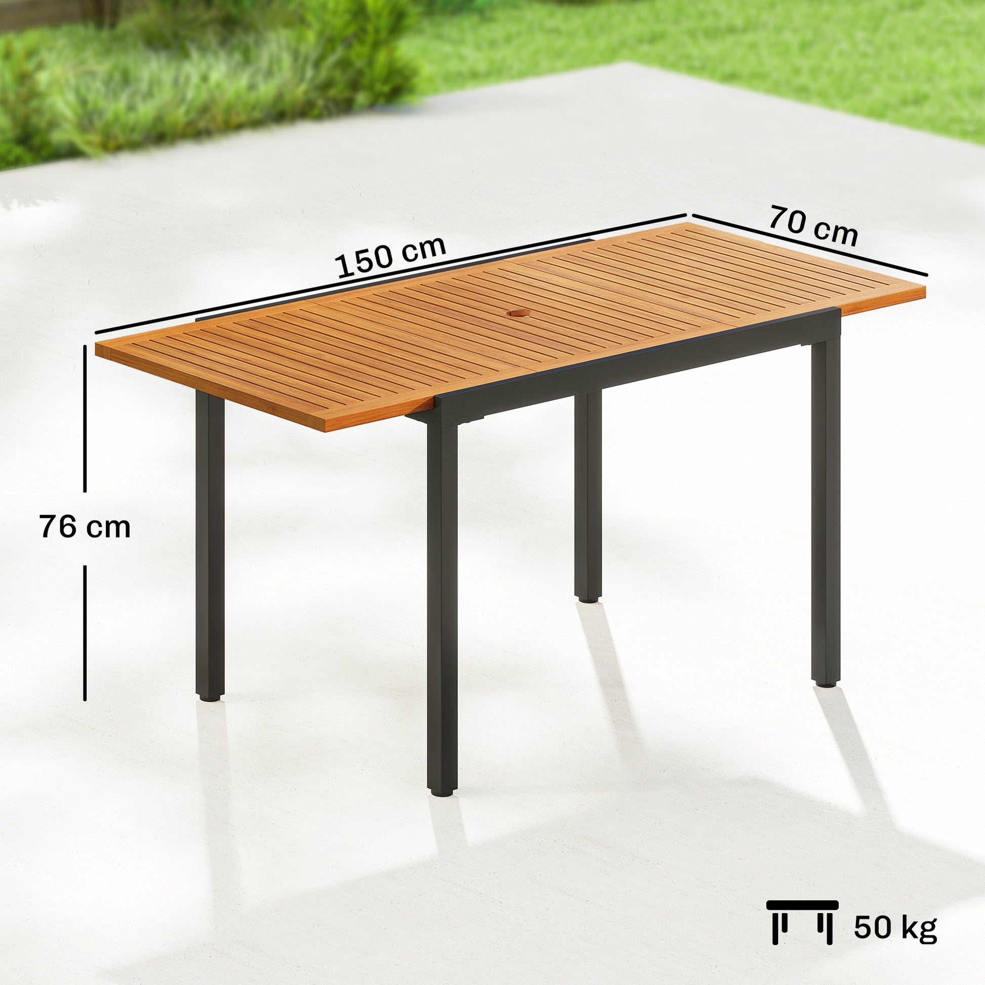 Outsunny Mesa de Jardín Extensible 100/150x70 cm, Mesa de Comedor Exterior Extensible Rectangular de Madera y Metal con Agujero para Sombrilla, para 4-6 Personas, para Patio, Terraza, Teca y Negro