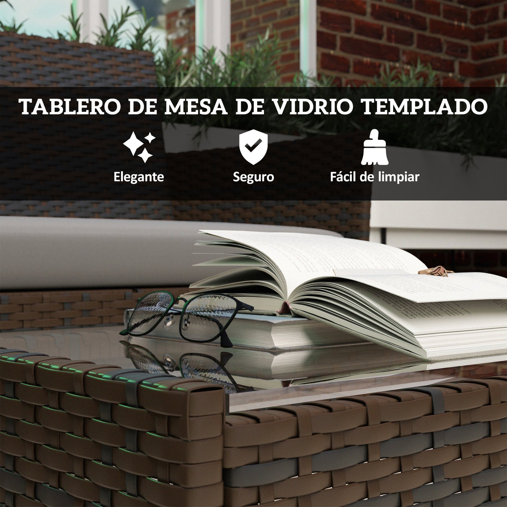 Outsunny Conjunto Jardín Exterior de Ratán con Cojines Conjunto Terraza Resistente a la Intemperie Muebles Jardín Exterior con 2 Sillones Sofá de 2 Plazas Mesa con Cristal Marrón y Gris