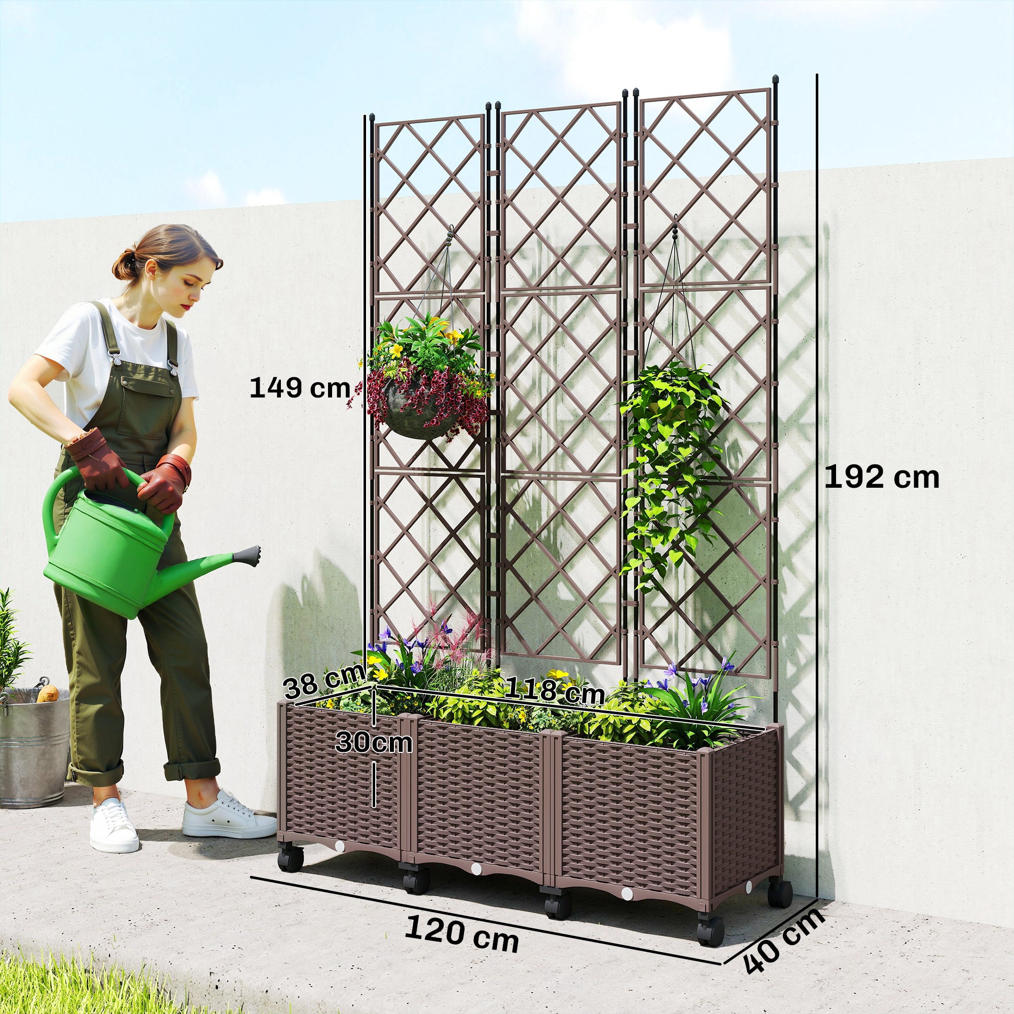 Outsunny Jardinera con Enrejado, Jardinera Exterior Grande con Ruedas para Plantas Trepadoras, con Ofricios de Drenaje y Tapones, Macetero Elevado para Jardín, Patio, Terraza, 120x40x192 cm, Marrón