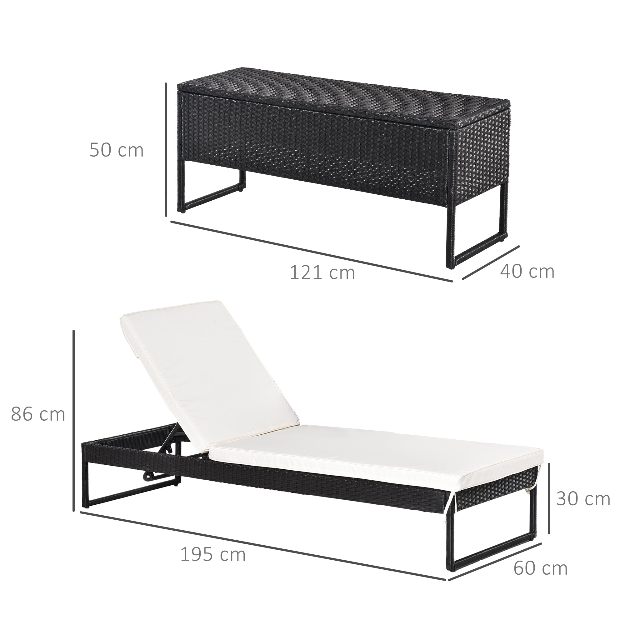 Outsunny Conjunto de 2 Tumbonas de Jardín con Cojines Acolchados Ratán con Mesa Auxiliar para Piscina o Terraza Carga 160 kg 195x60x86 cm Acero Negro