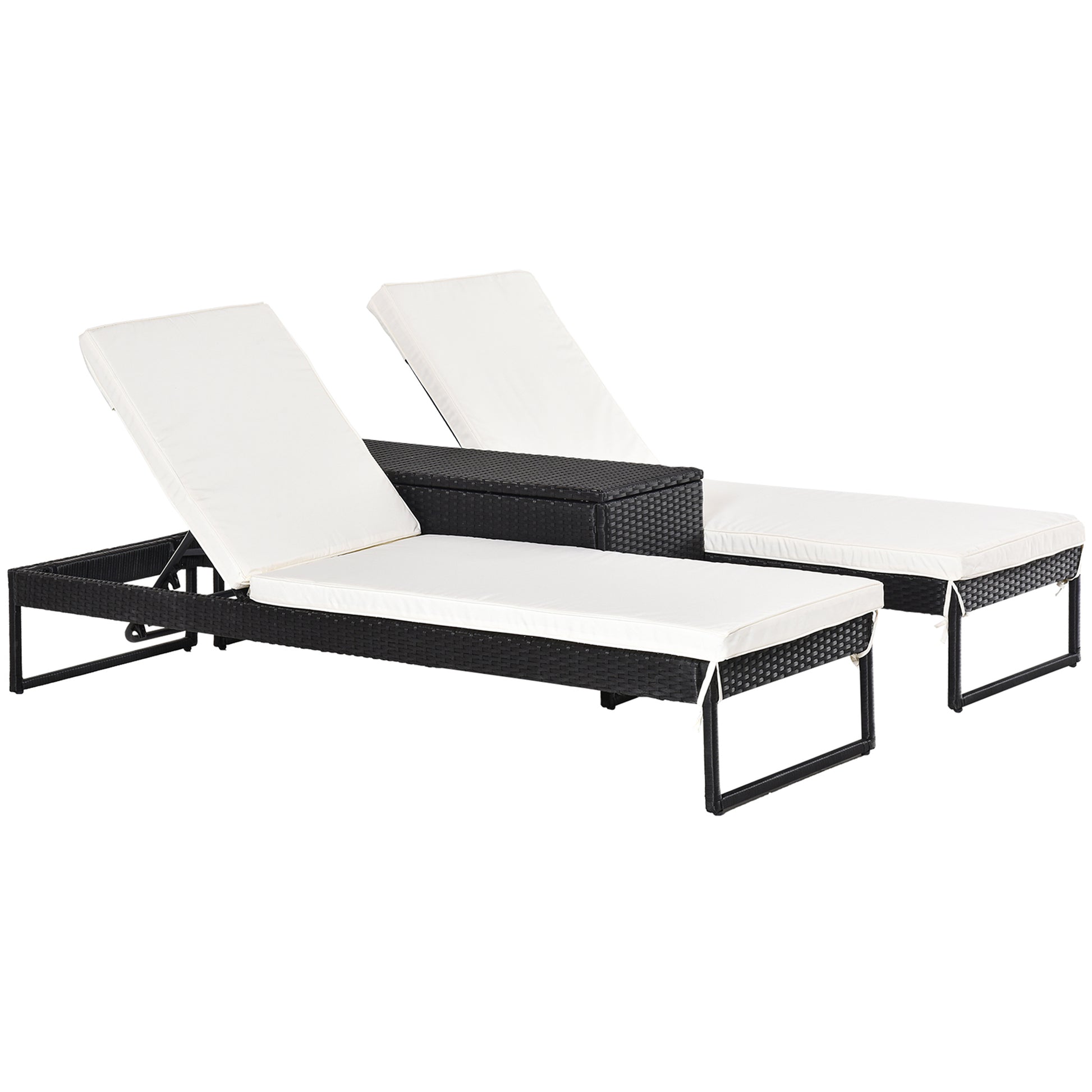 Outsunny Conjunto de 2 Tumbonas de Jardín con Cojines Acolchados Ratán con Mesa Auxiliar para Piscina o Terraza Carga 160 kg 195x60x86 cm Acero Negro
