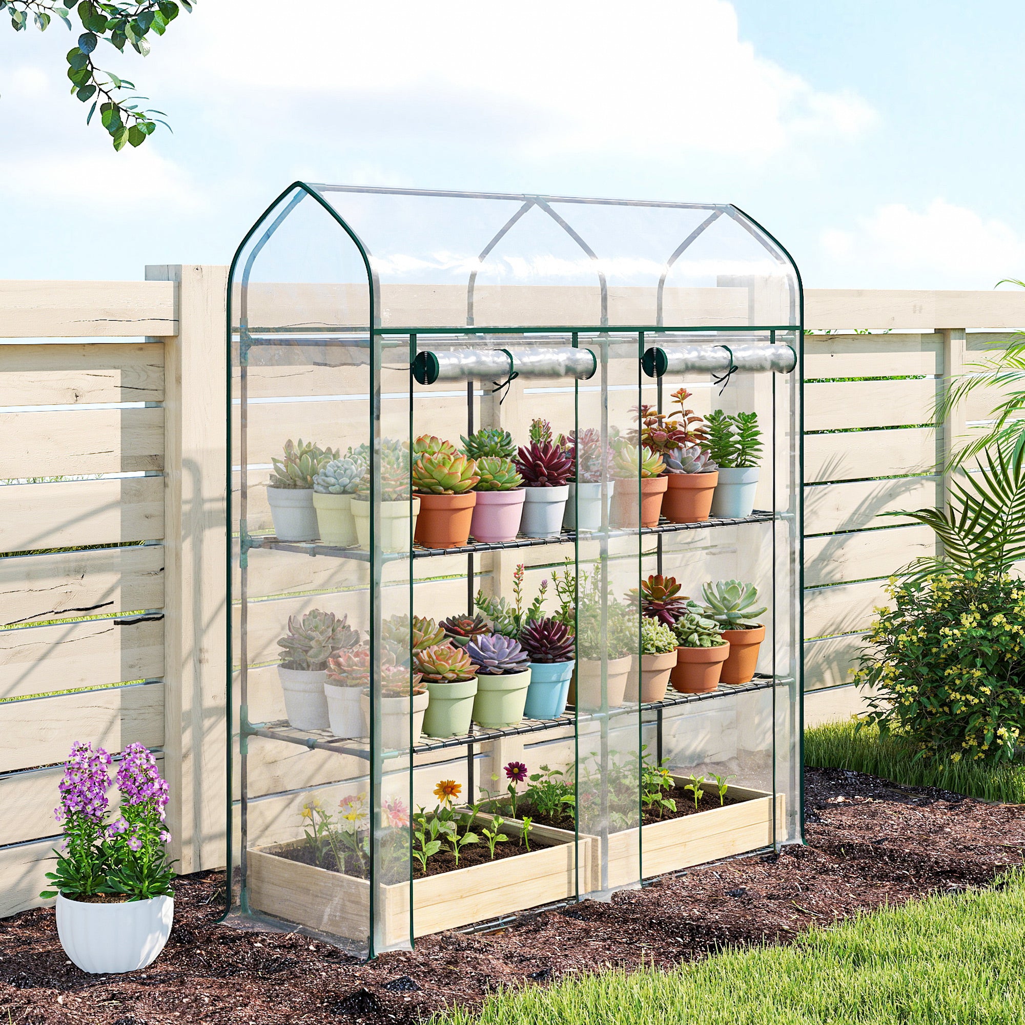 Outsunny Invernadero Pequeño de 3 Niveles, Invernadero de Exterior con 2 Puertas Enrollables, Marco de Acero y Cubierta de Plástico Anti-UV para Cultivar Plantas, Flores, 143x46x165 cm, Transparente