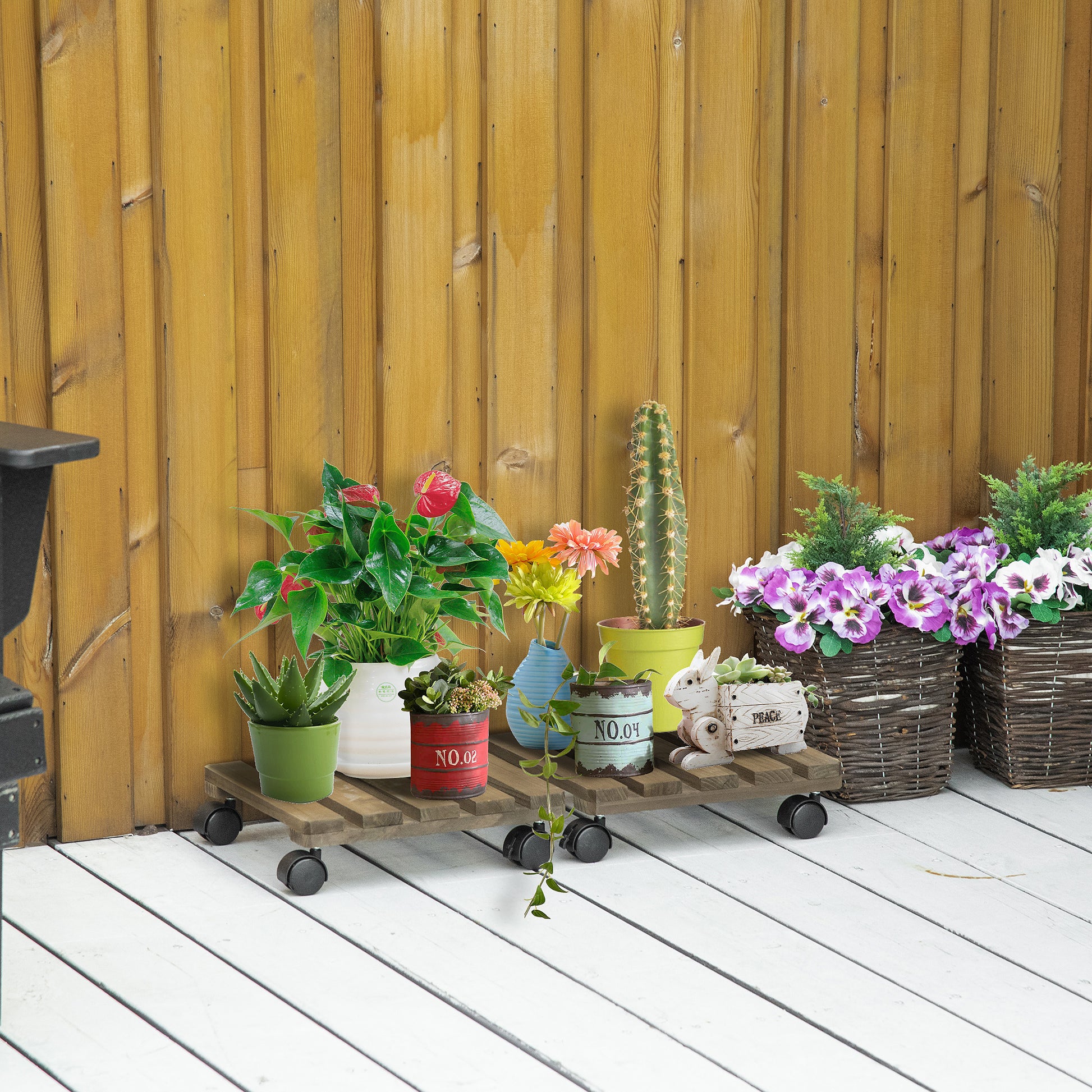 Outsunny Pack de 2 Plataformas con Ruedas de Madera, Soportes para Plantas con Ruedas 360 ° Giratorias Bloqueables, Bases para Macetas, Exterior, Interior, Jardín, Carga 50 kg, Marrón Oscuro