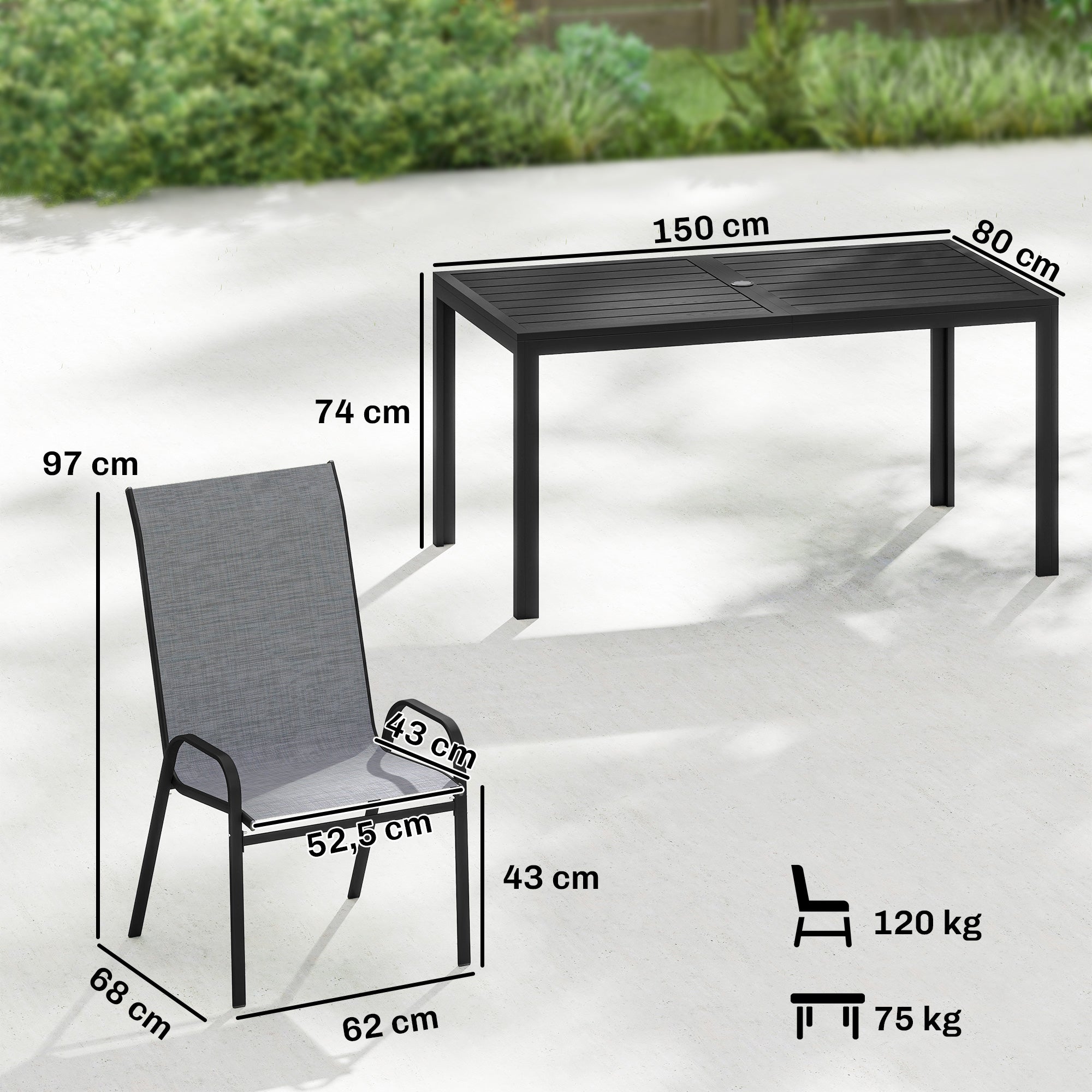 Outsunny Conjunto de Mesa y Sillas Jardín de 7 Piezas, Muebles Jardín Exterior con Mesa Metálica Efecto Madera con Agujero, 6 Sillas Apilables Transpirables, Marco de Acero Resistente, Gris Mixto