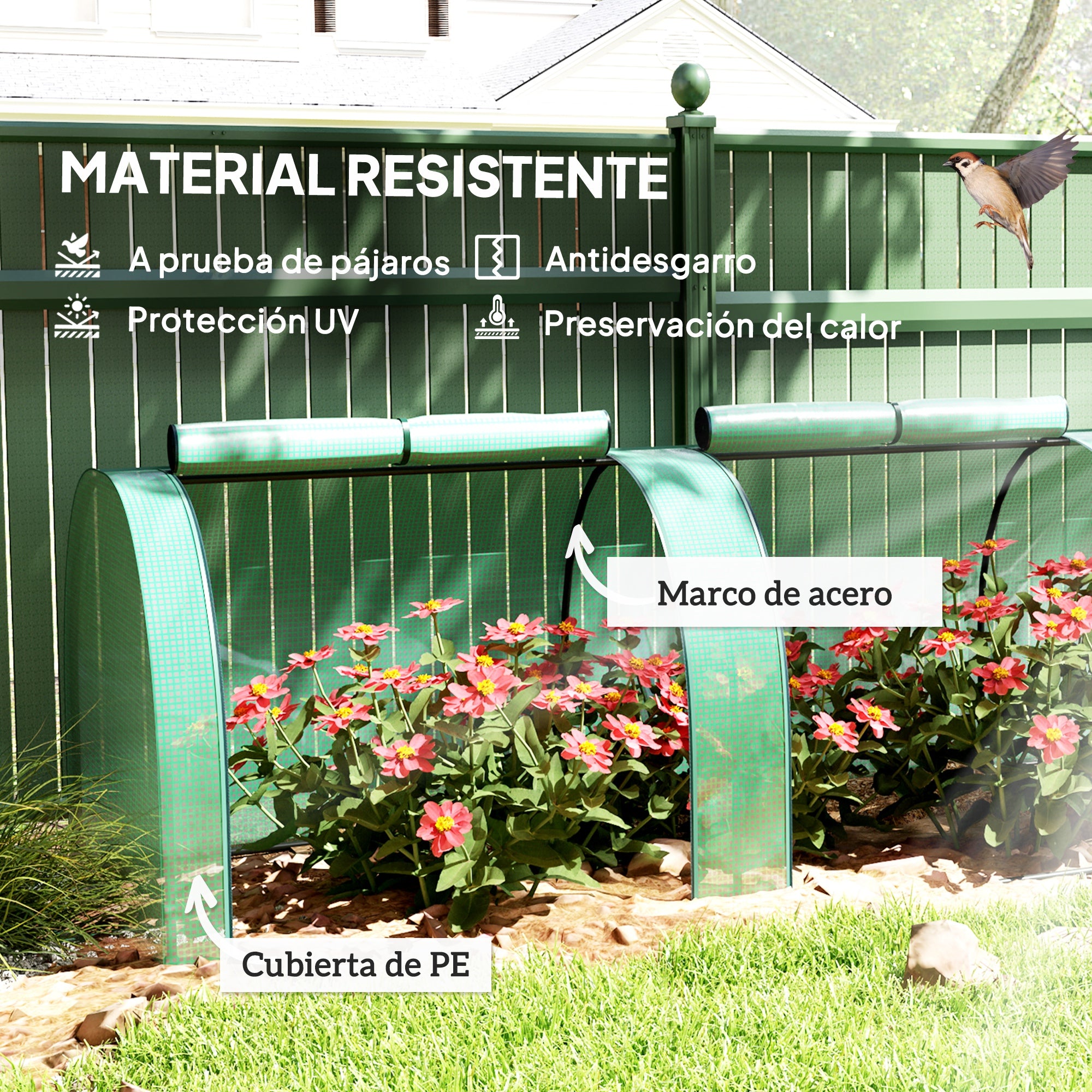 Outsunny Invernadero de Exterior 395x100x80 cm Invernadero de Jardín con 4 Puertas Enrollables y Marco de Acero para Cultivos Plantas Flores Verde