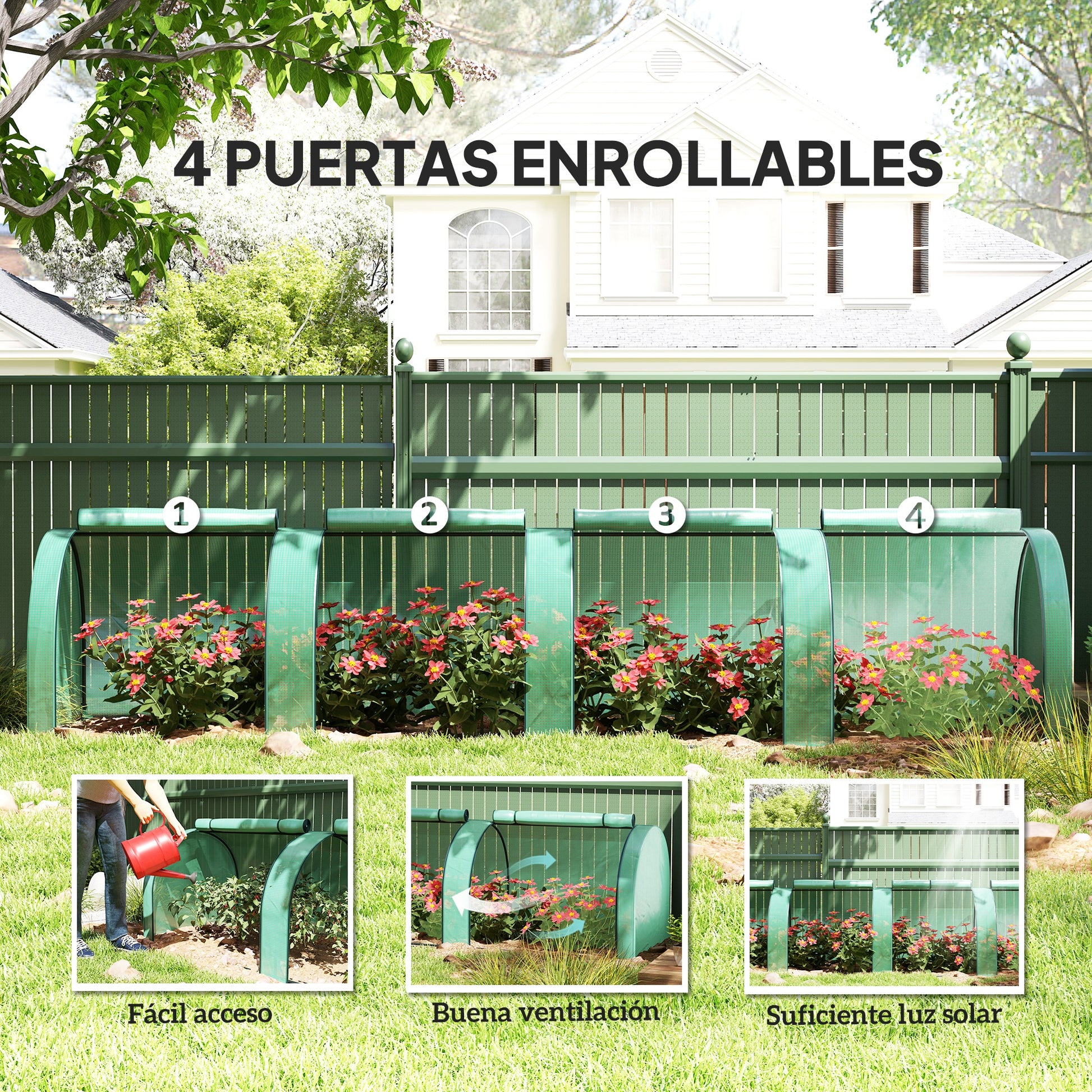Outsunny Invernadero de Exterior 395x100x80 cm Invernadero de Jardín con 4 Puertas Enrollables y Marco de Acero para Cultivos Plantas Flores Verde