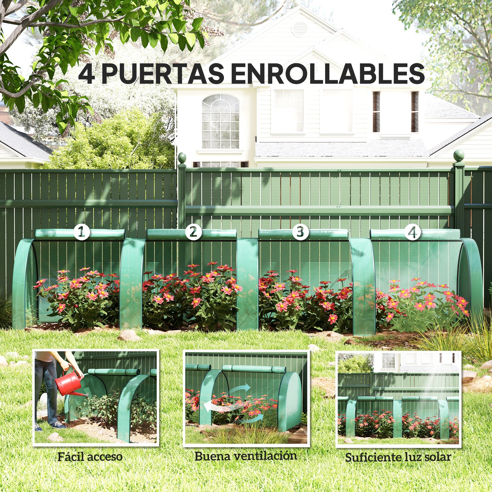 Outsunny Invernadero de Exterior 395x100x80 cm Invernadero de Jardín con 4 Puertas Enrollables y Marco de Acero para Cultivos Plantas Flores Verde