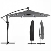Outsunny Parasol Excéntrico con Luces LED Solares, Ø330 cm, Sombrilla de Jardín con Base Cruzada, Manivela, Funda Protectora y Cuerda de Viento, Anti-UV 50+, para Terraza, Patio, Gris Oscuro