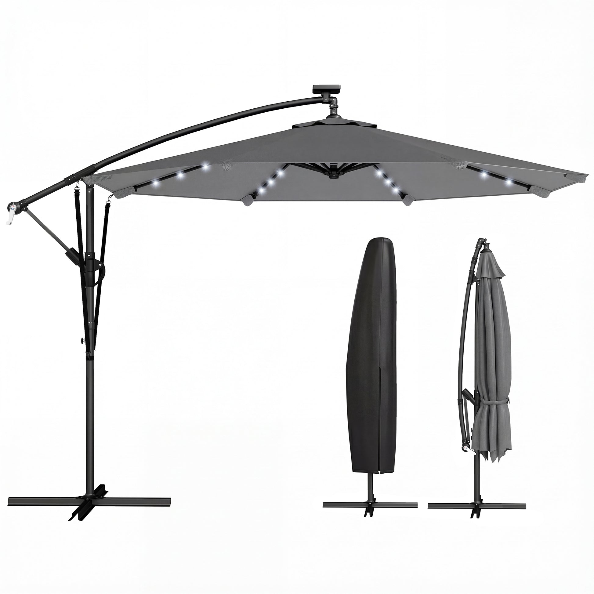 Outsunny Parasol Excéntrico con Luces LED Solares, Ø330 cm, Sombrilla de Jardín con Base Cruzada, Manivela, Funda Protectora y Cuerda de Viento, Anti-UV 50+, para Terraza, Patio, Gris Oscuro