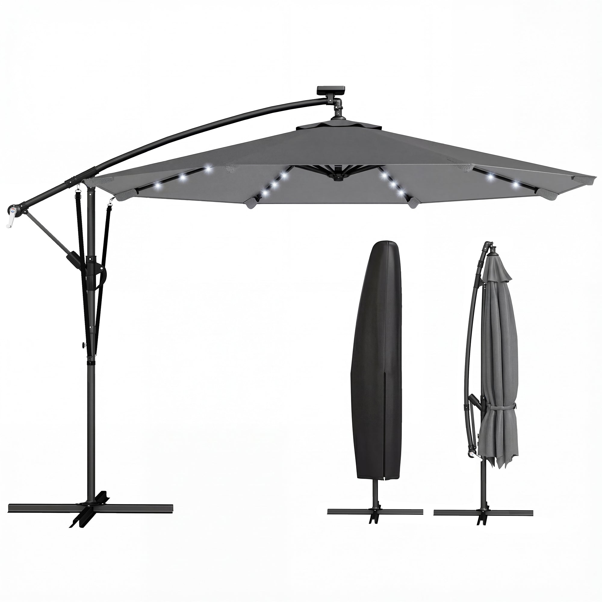 Outsunny Parasol Excéntrico con Luces LED Solares, Ø330 cm, Sombrilla de Jardín con Base Cruzada, Manivela, Funda Protectora y Cuerda de Viento, Anti-UV 50+, para Terraza, Patio, Gris Oscuro