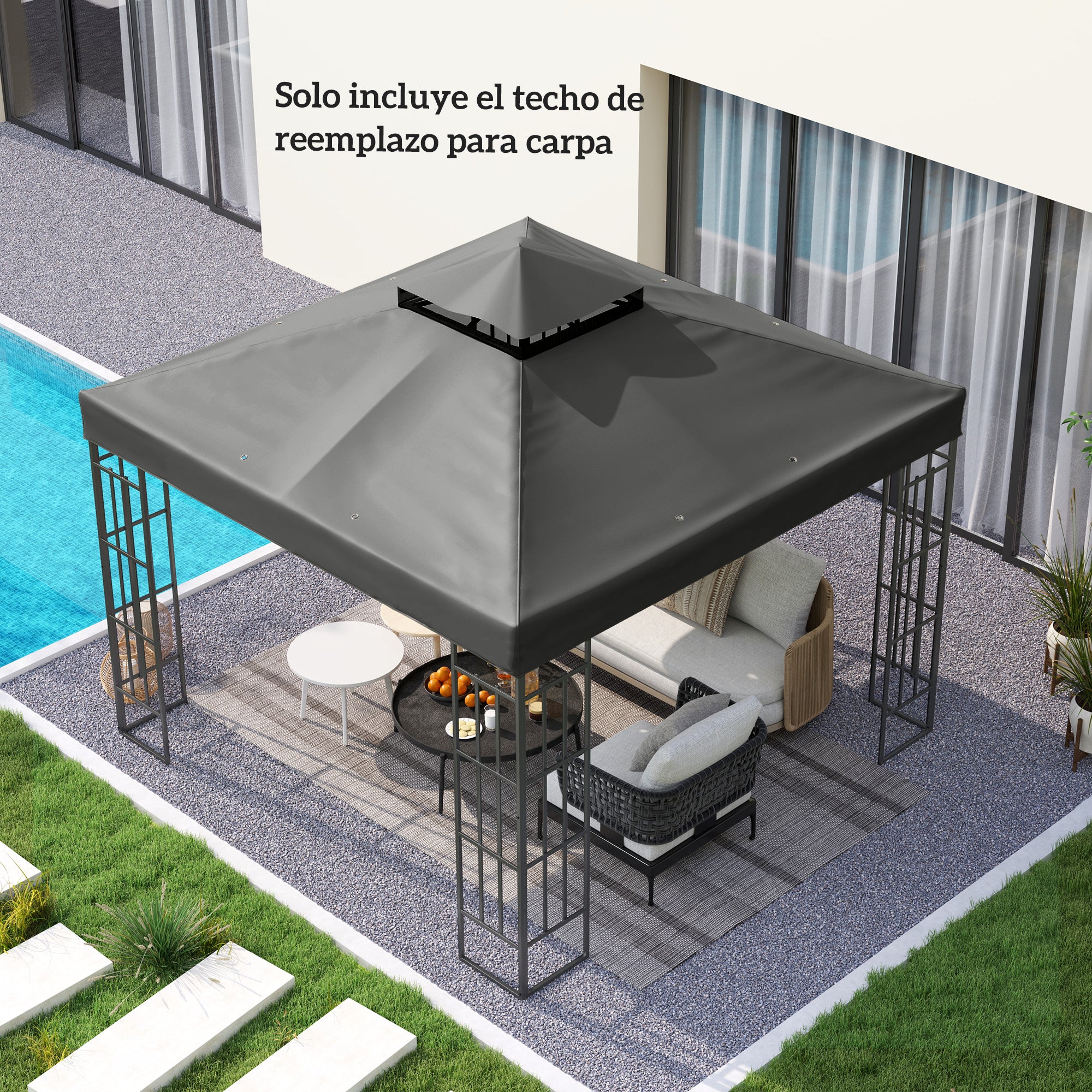Outsunny Techo de Repuesto para Cenador, 3x3 m, Cubierta de Repuesto con Techo Doble, Orificios de Drenaje y Protección UPF30+, SOLO Toldo de Recambio para Pabellón Gazebo, Gris Oscuro