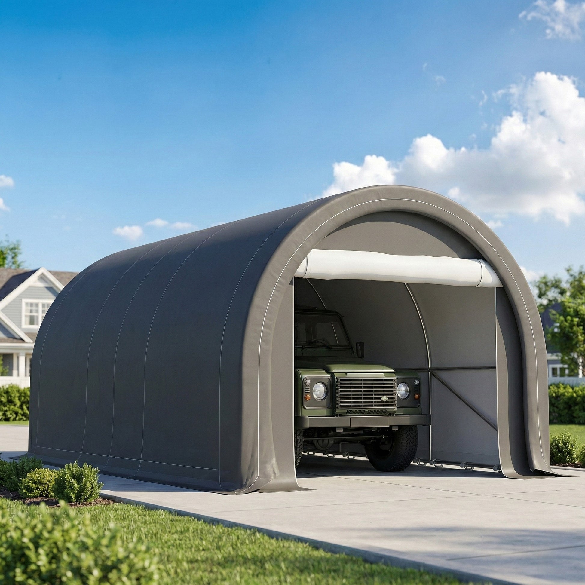 Outsunny Carpa Garaje Portátil 3x5 m, Garaje Exterior para Coche Impermeable con Puerta Enrollable con Cremallera, Estructura de Acero Galvanizado, UPF30+, Cobertizo de Almacenamiento, Gris