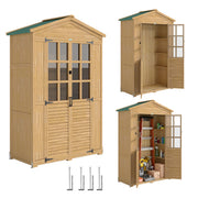 Outsunny Caseta de Jardín de Madera, Cobertizo Jardín Exterior Pequeño con Estantes y Ventanas de Acrílico, Techo de Asfalto y Puertas con Pestillo, para Herramientas, 128x57,5x197 cm, Marrón Claro