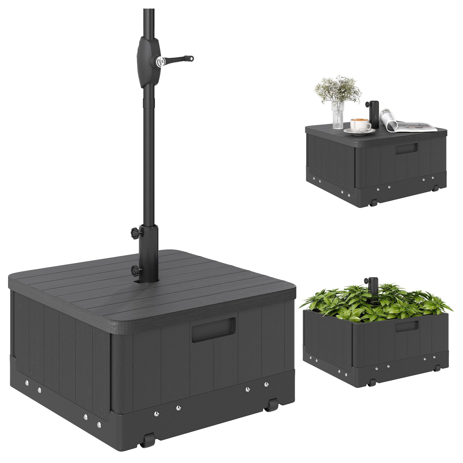Outsunny Base para Sombrilla Exterior 3 en 1, Mesa Auxiliar, Macetero con Orificio de Drenaje, Soporte de Parasol Rellenable Arena 80 kg con Ruedas y Asas para Sombrilla con Postes Ø38 y Ø48 mm, Negro