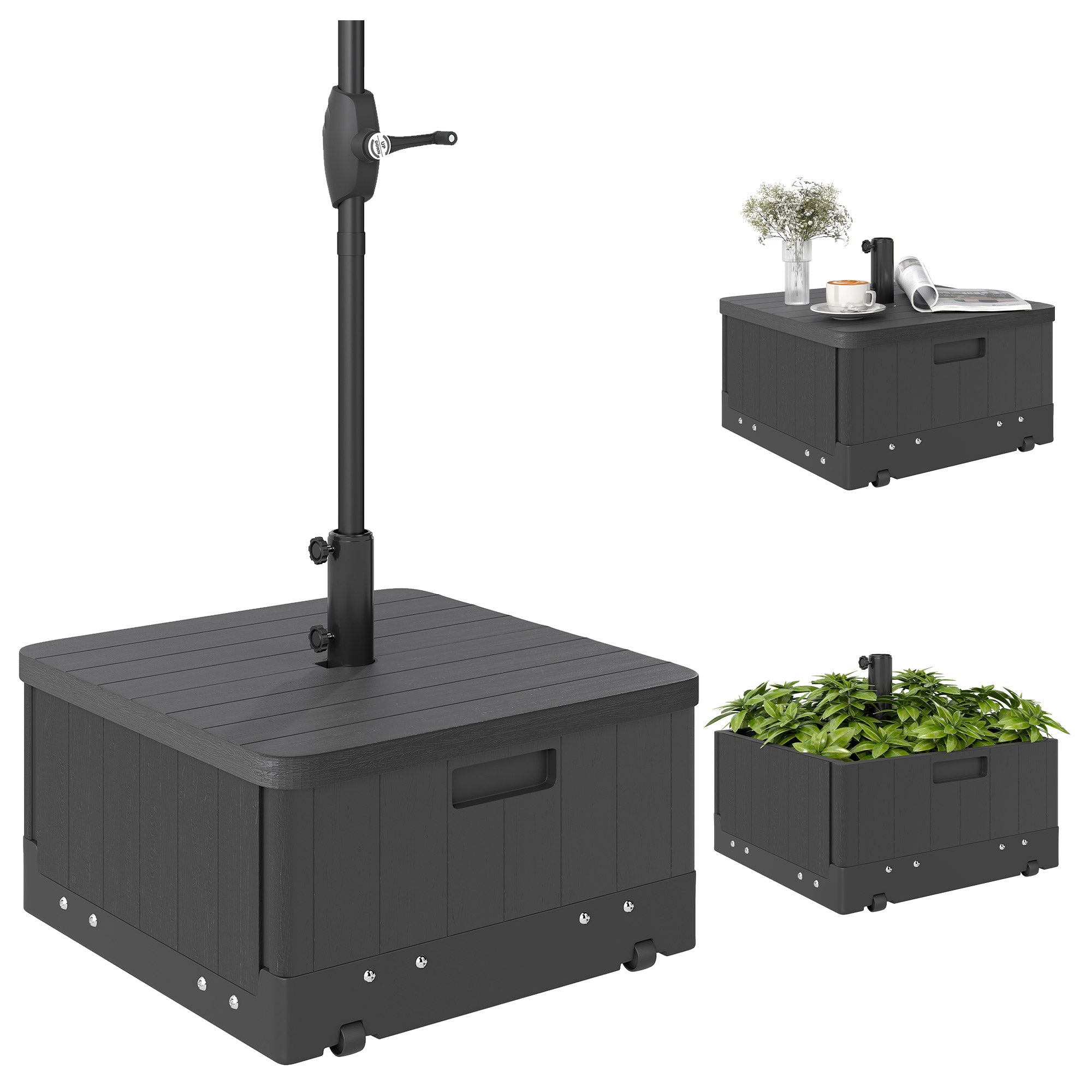 Outsunny Base para Sombrilla Exterior 3 en 1, Mesa Auxiliar, Macetero con Orificio de Drenaje, Soporte de Parasol Rellenable Arena 80 kg con Ruedas y Asas para Sombrilla con Postes Ø38 y Ø48 mm, Negro