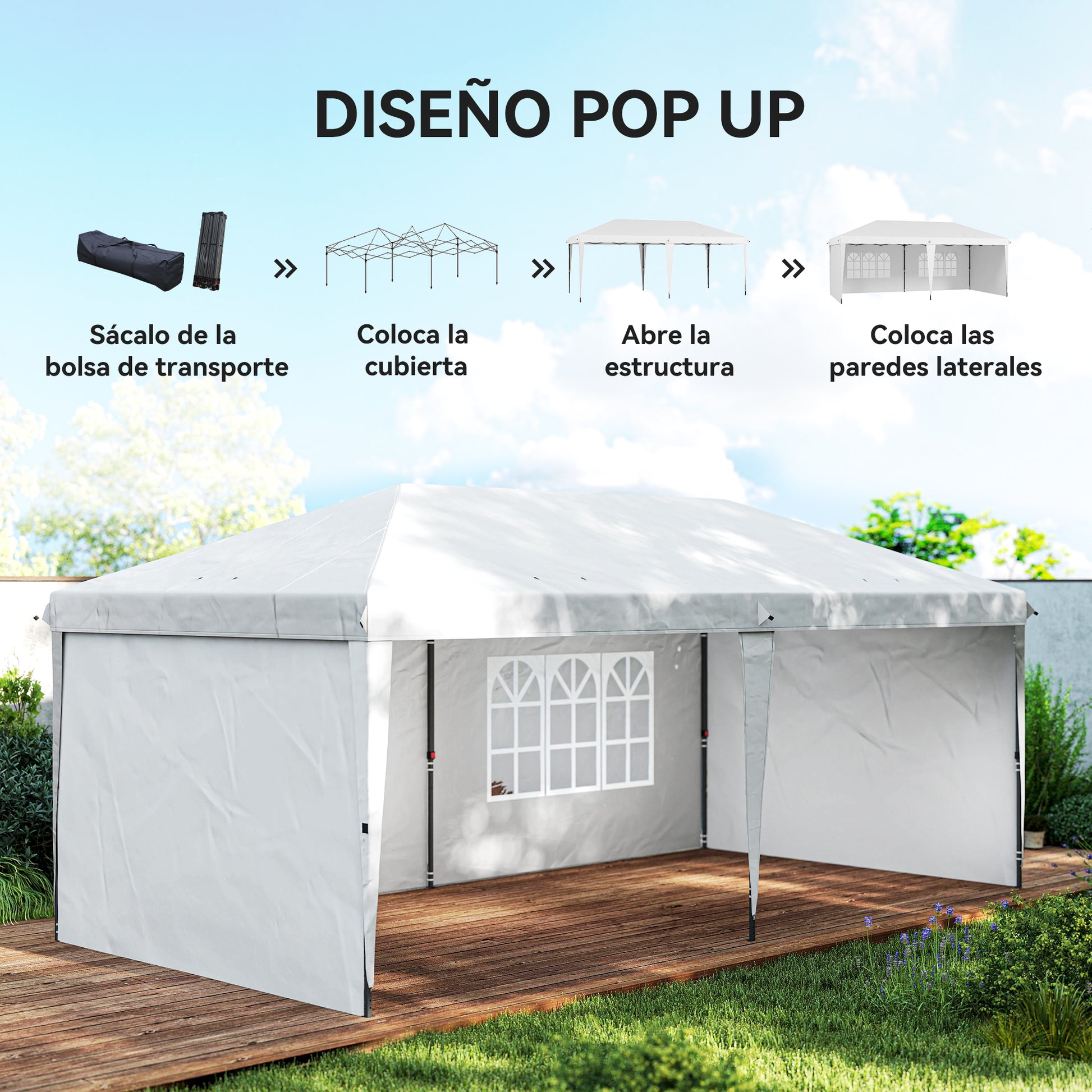 Outsunny Carpa Plegable 6x3 m, Pop-up, con 4 Laterales Desmontables, Cenador de Jardín con 2 Ventanas Visibles, Bolsa de Transporte, Impermeable, Anti-UV, Gazebo para Camping, Fiestas, Exterior Blanco