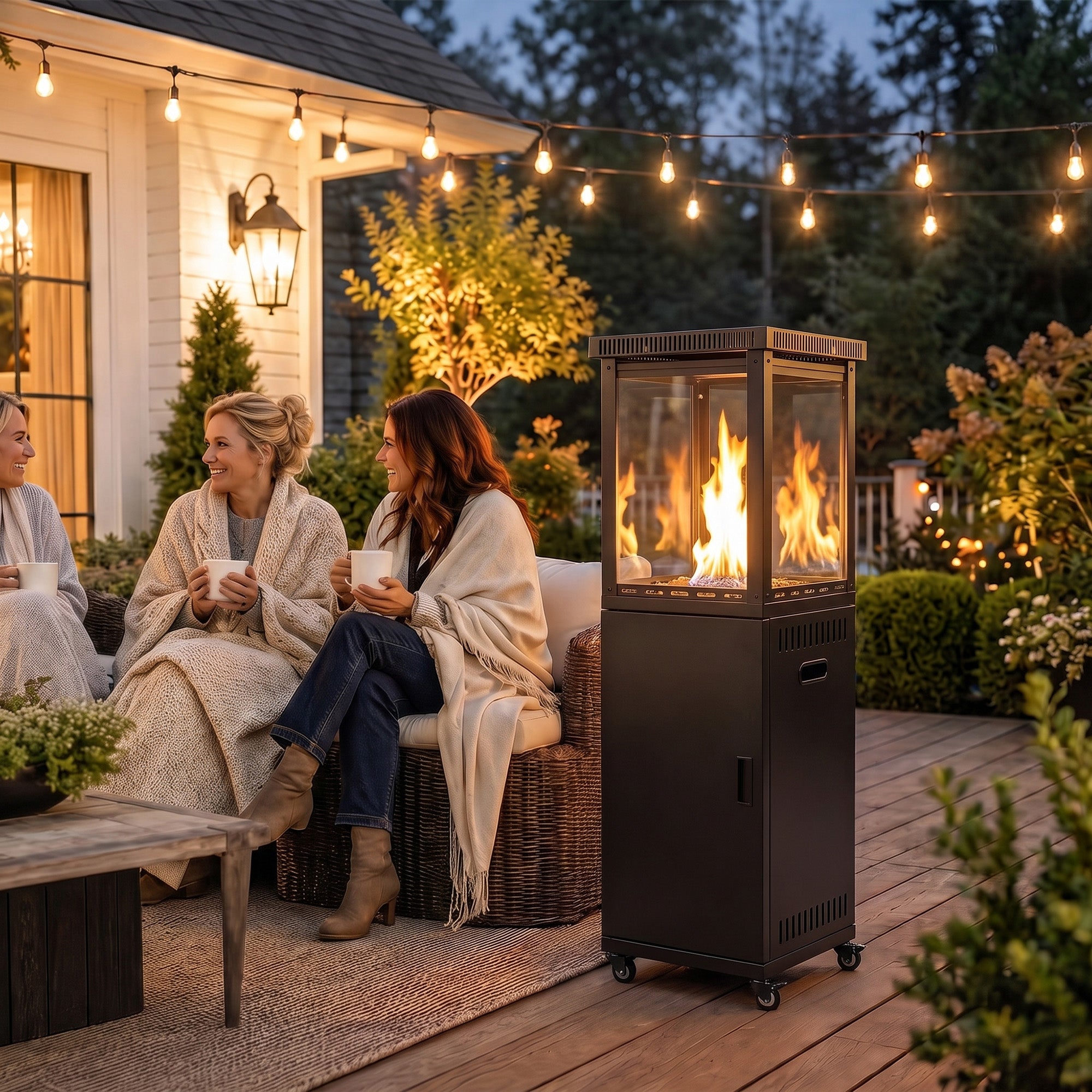 Outsunny Estufa de Gas Butano Exterior, 13 kW, Calefactor de Gas Terraza con Regulación Continua del Calor, Encendido Piezoeléctrico, Antivuelco, 4 Ruedas, Vidrio Templado y Piedras Lava, 30 m² Negro