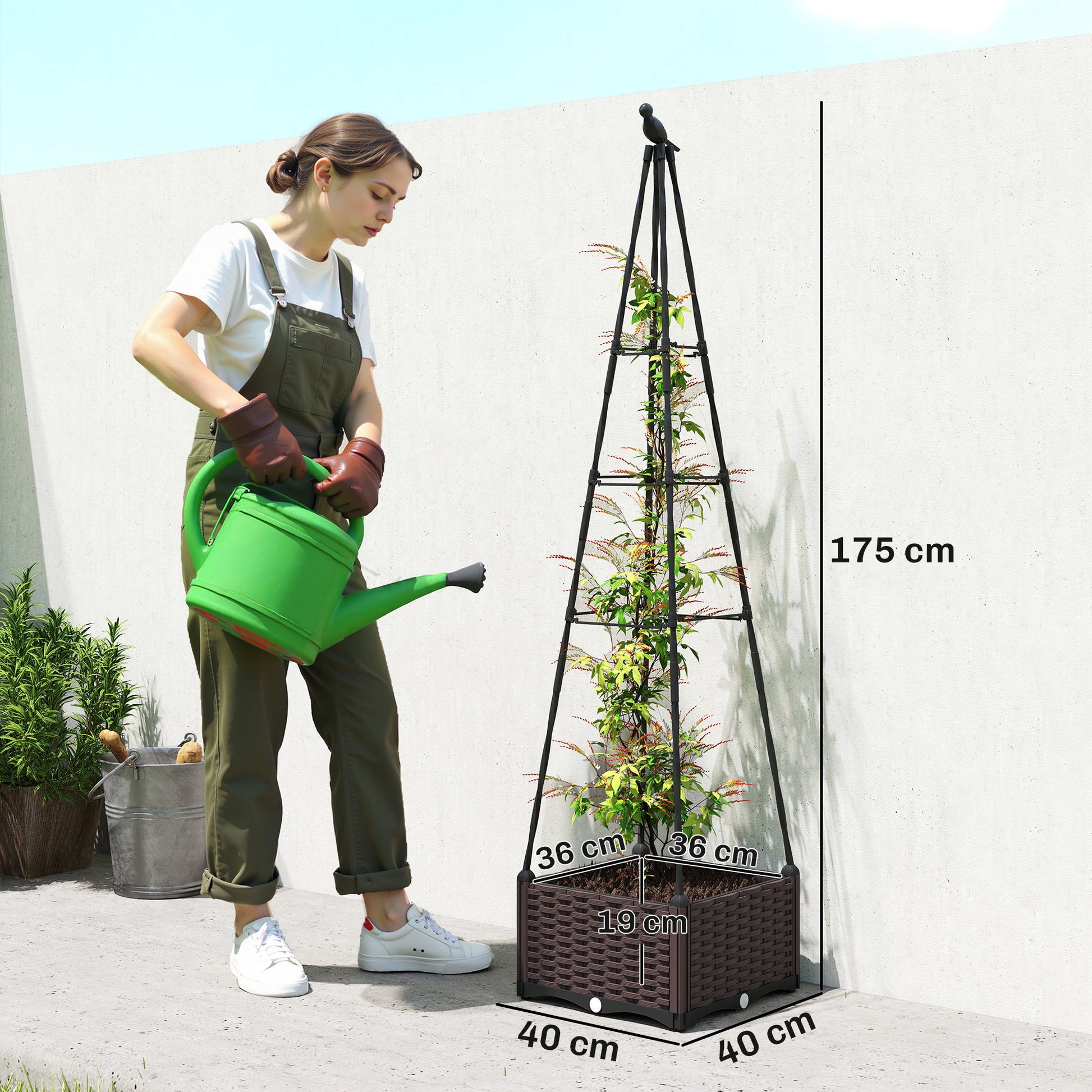 Outsunny Jardinera con Enrejado Metálico, Jardinera Exterior para Plantas Trepadoras, Maceta de PP con Orificios de Drenaje y Tapones, Macetero Elevado para Jardín, Patio, 40x40x175 cm, Negro