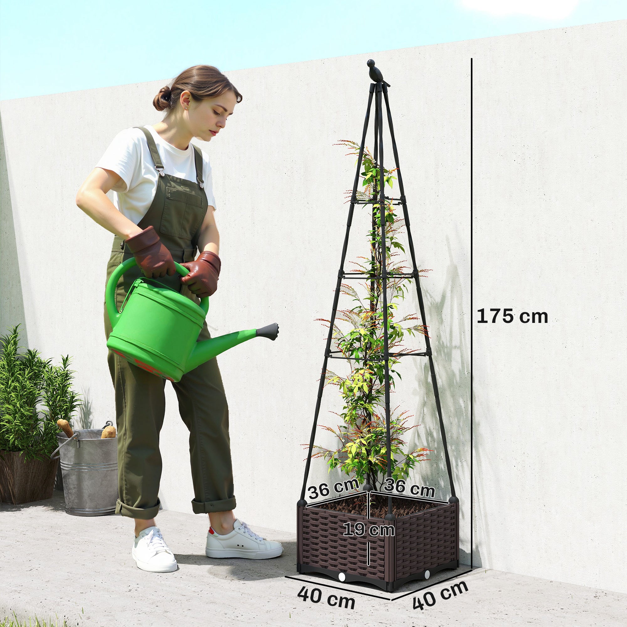 Outsunny Jardinera con Enrejado Metálico, Jardinera Exterior para Plantas Trepadoras, Maceta de PP con Orificios de Drenaje y Tapones, Macetero Elevado para Jardín, Patio, 40x40x175 cm, Negro