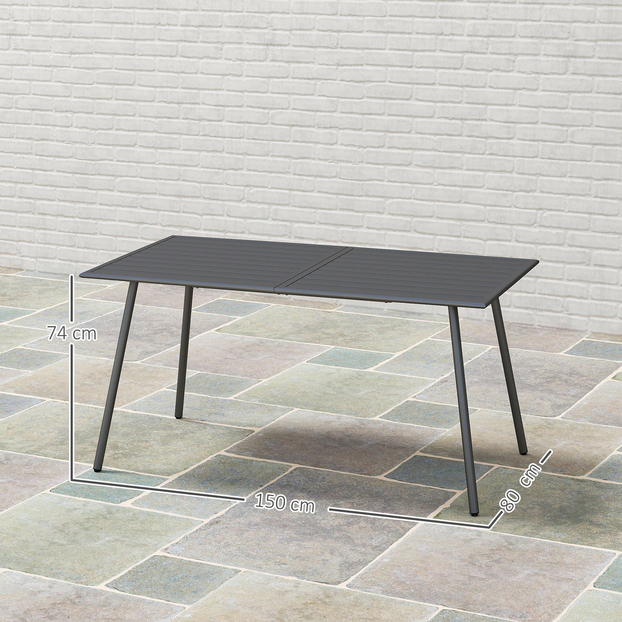 Outsunny Mesa Jardín Exterior Rectangular de Acero 150x80x74 cm Mesa Terraza Exterior con Diseño en Lamas Resistente a la Intemperie Fácil de Limpiar Gris Oscuro
