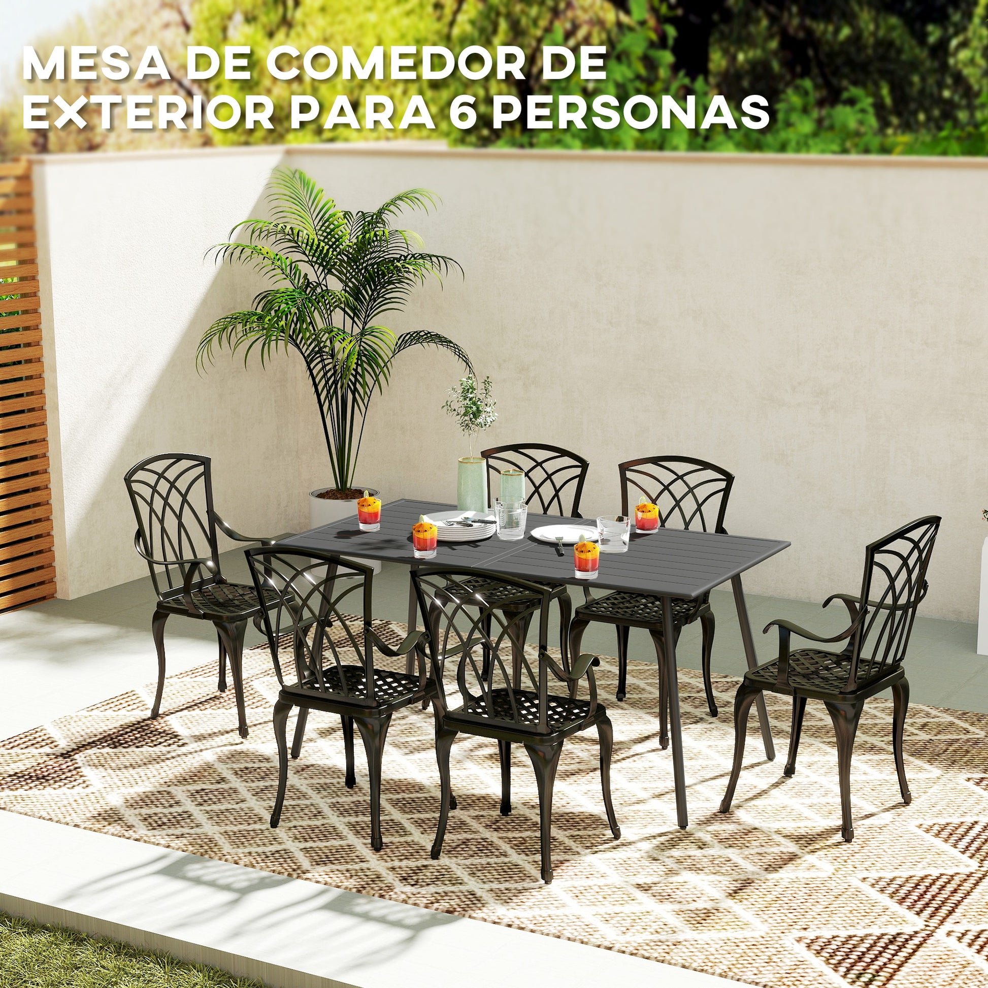 Outsunny Mesa Jardín Exterior Rectangular de Acero 150x80x74 cm Mesa Terraza Exterior con Diseño en Lamas Resistente a la Intemperie Fácil de Limpiar Gris Oscuro