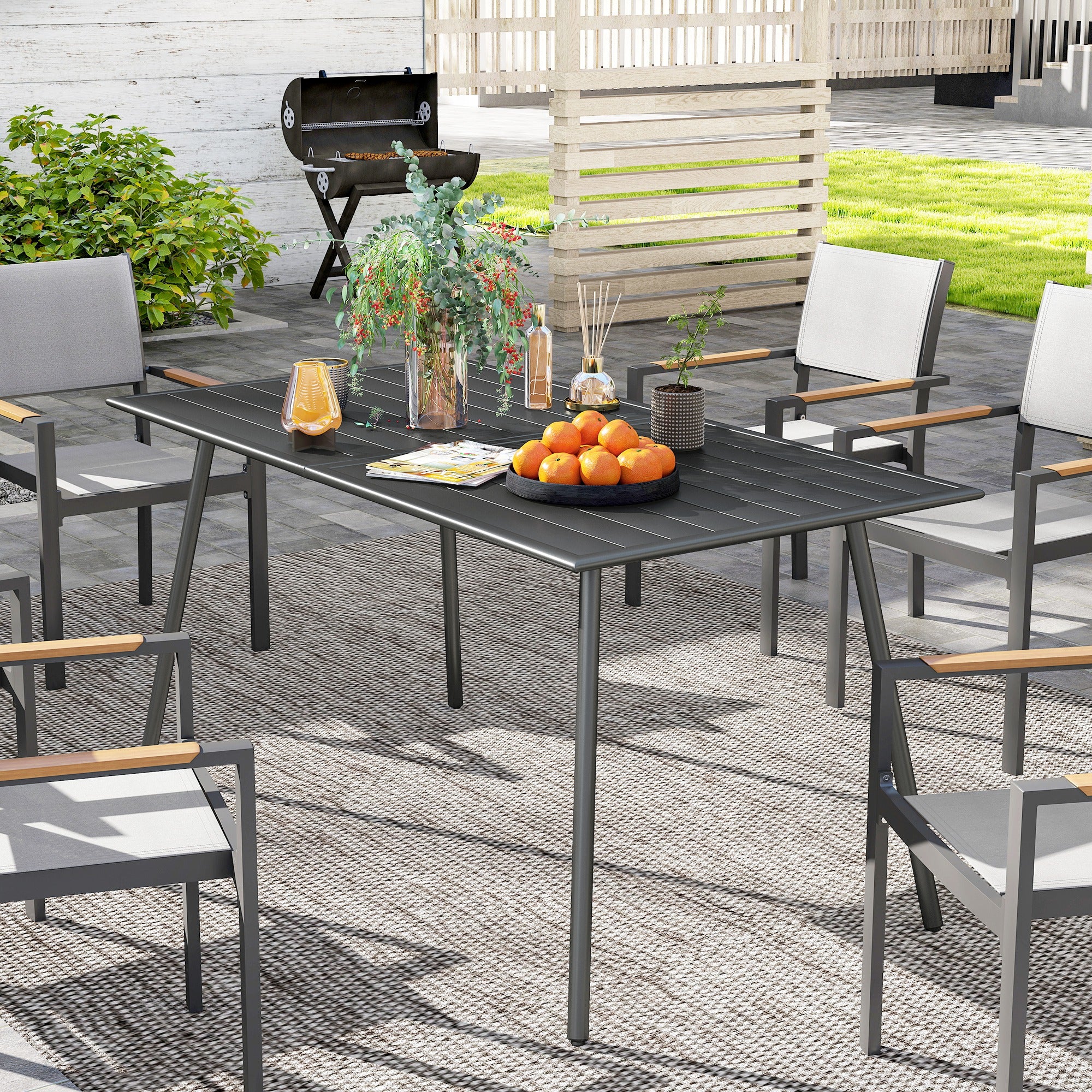 Outsunny Mesa Jardín Exterior Rectangular de Acero 150x80x74 cm Mesa Terraza Exterior con Diseño en Lamas Resistente a la Intemperie Fácil de Limpiar Gris Oscuro
