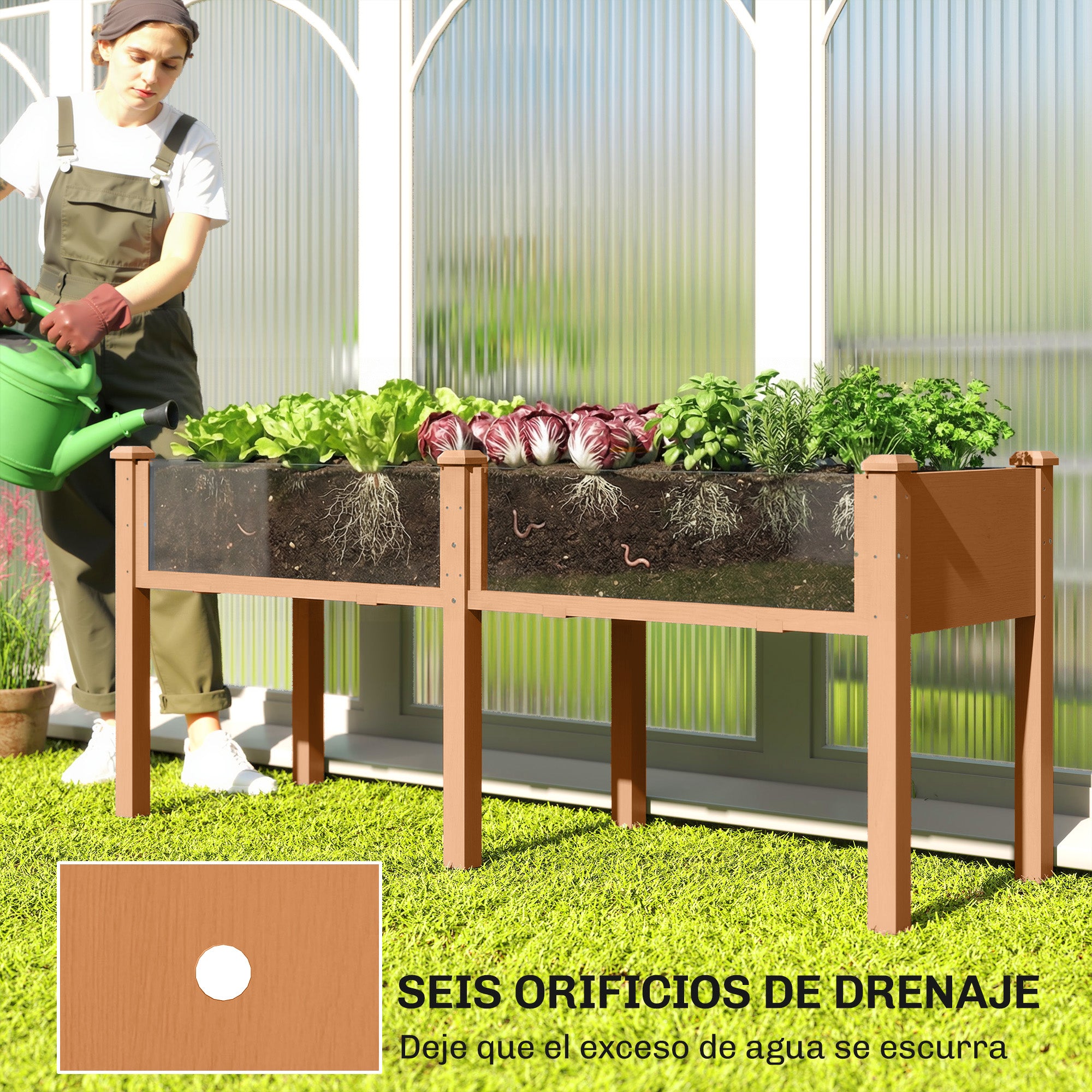 Outsunny Huerto Urbano Elevado de Madera, Mesa de Cultivo con Patas, 6 Orificios de Drenaje, para Cultivo, Plantas, Flores y Verduras, 184x59x76,5 cm, Marrón