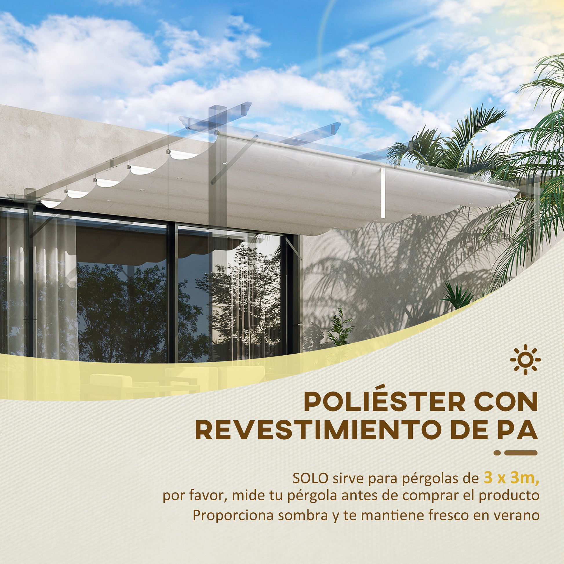 Outsunny Conjunto de Pérgola Incluye 1 Pérgola de Jardín de Aluminio 3x3 m con Techo Retráctil y 1 Cubierta para Pérgola para Patio Terraza Exterior Café y Crema