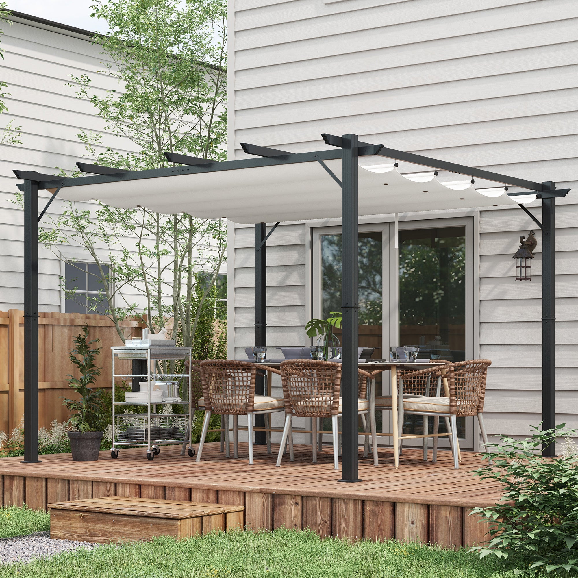 Outsunny Conjunto de Pérgola Incluye 1 Pérgola de Jardín de Aluminio 3x3 m con Techo Retráctil y 1 Cubierta para Pérgola para Patio Terraza Exterior Café y Crema