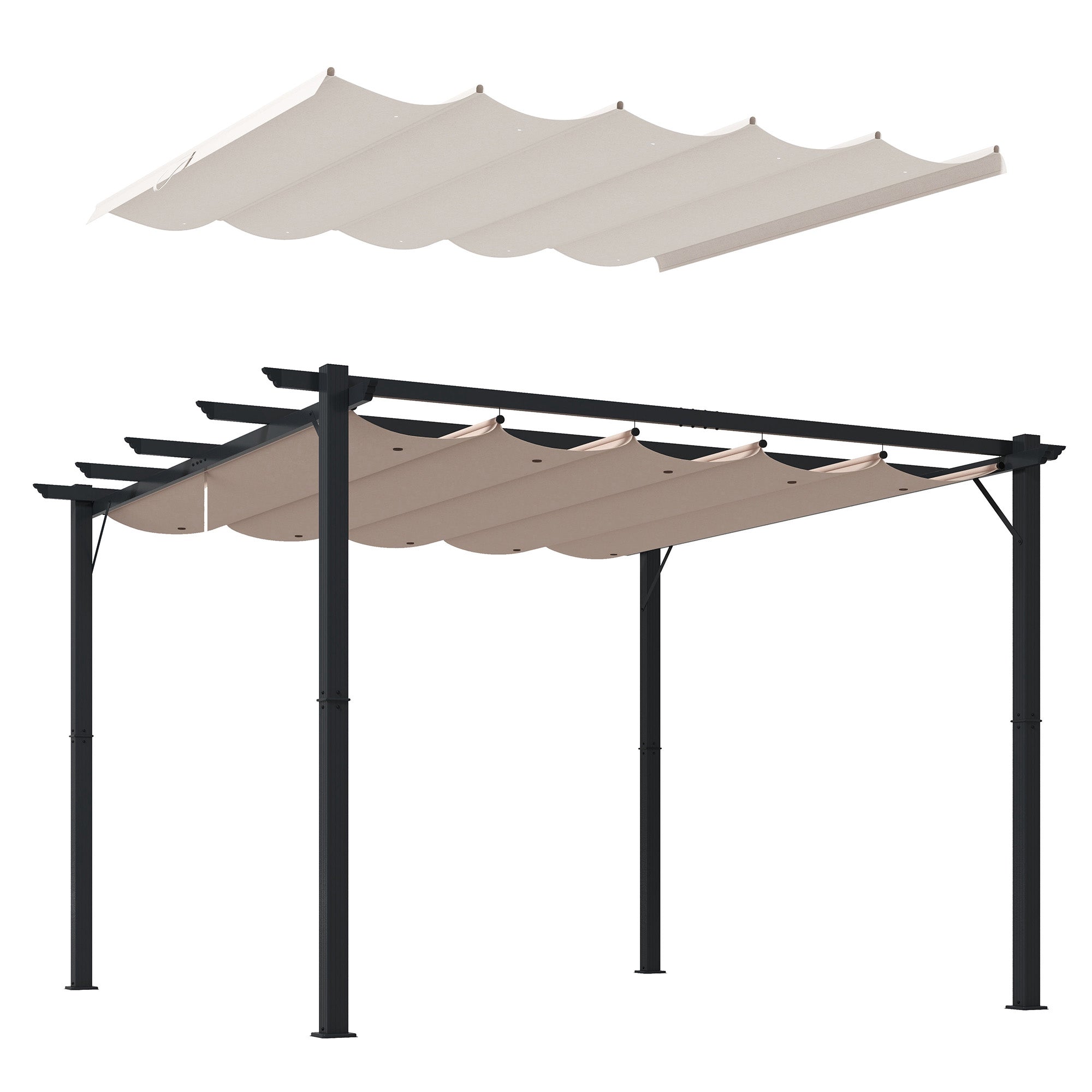 Outsunny Conjunto de Pérgola Incluye 1 Pérgola de Jardín de Aluminio 3x3 m con Techo Retráctil y 1 Cubierta para Pérgola para Patio Terraza Exterior Café y Crema