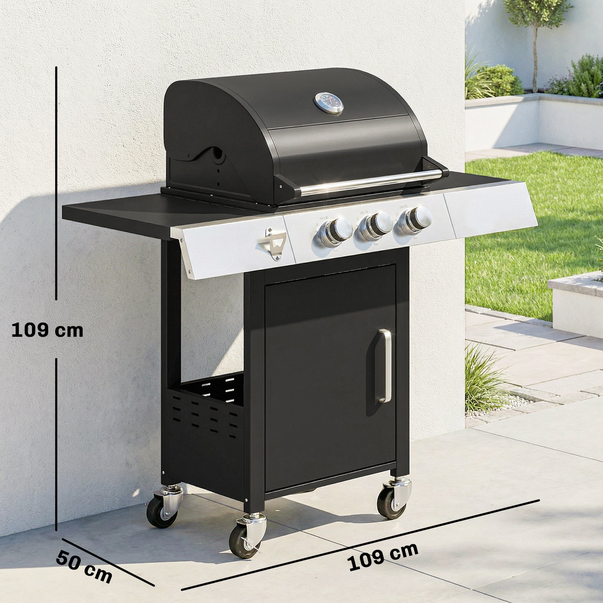 Outsunny Barbacoa de Gas BBQ Gas con 3 Quemadores 8,1 kW Barbacoa Portátil con Termómetro Mesas Laterales Armario Rejilla Calentadora Parrillas de Hierro Fundido Recogedor Grasa y 4 Ruedas Negro