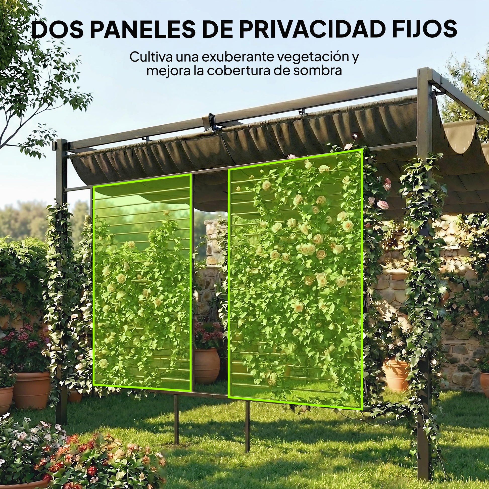 Outsunny Pérgola de Jardín 4x3 m con Techo Retráctil y 2 Paneles de Privacidad Fijos, Cenador de Jardín con Protección UPF50+, Drenaje, Estructura Metálica, Pabellón para Exterior, Gris Oscuro